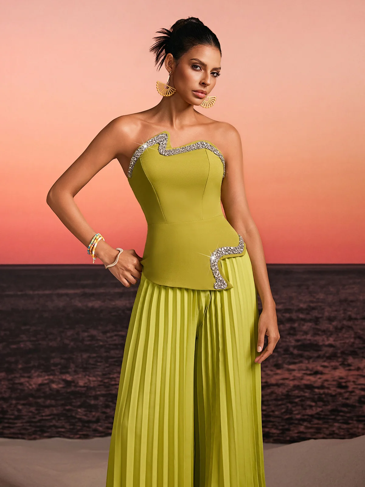 Fendro Strapless Crystal Pleated Pants Set In Green - Image 4
