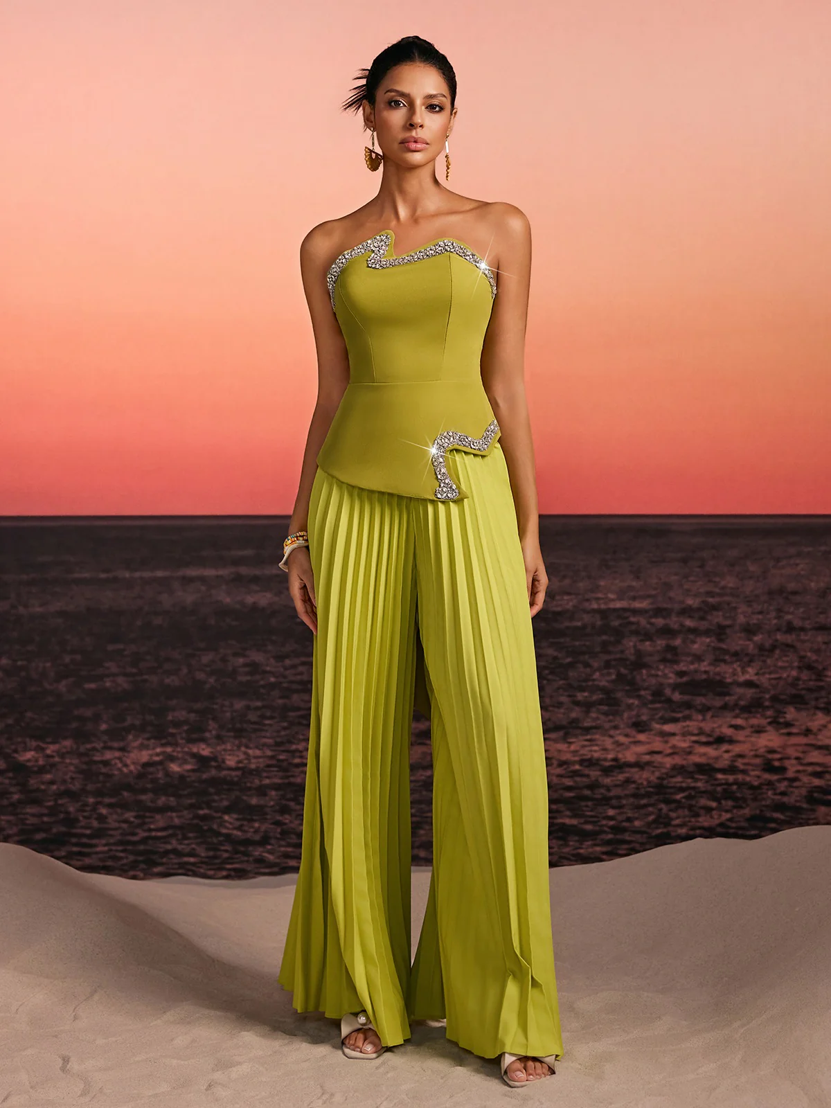 Fendro Strapless Crystal Pleated Pants Set In Green - Image 5