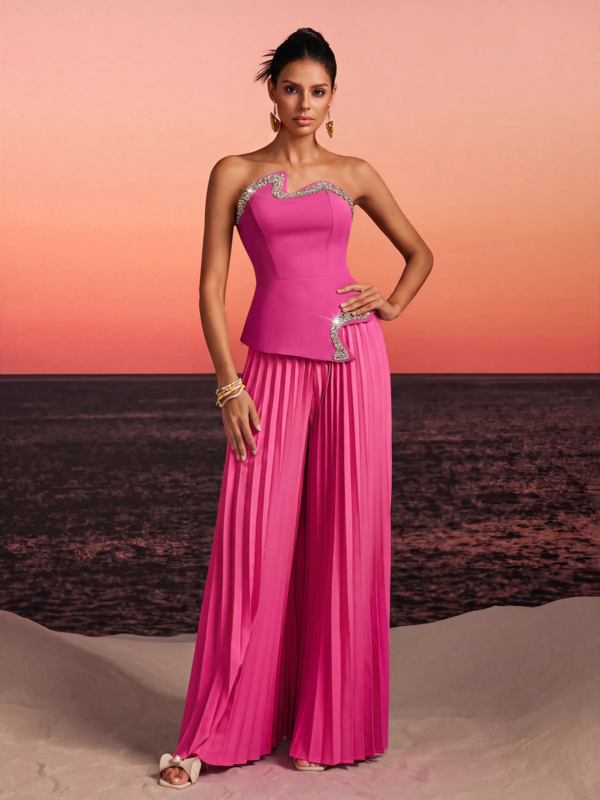 Fendro Strapless Crystal Pleated Pants Set In Hot Pink - Image 2