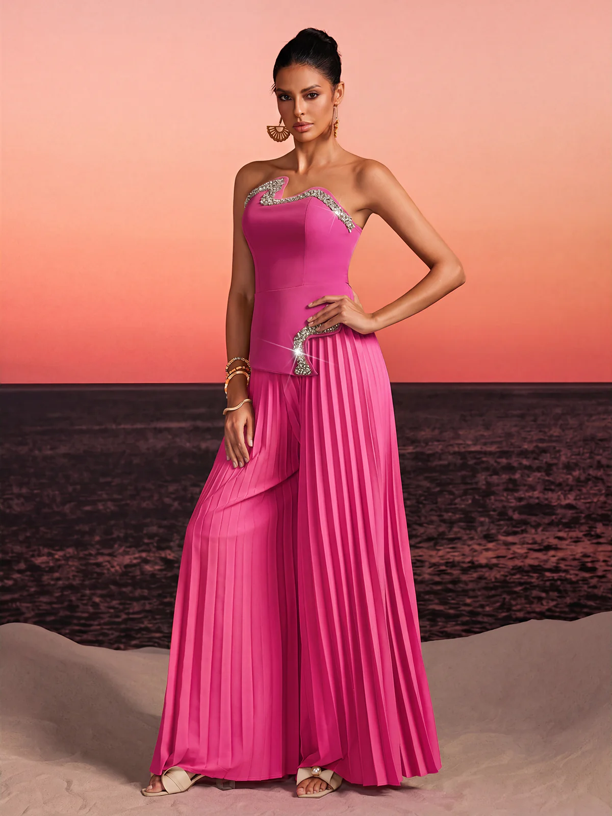 Fendro Strapless Crystal Pleated Pants Set In Hot Pink - Image 4