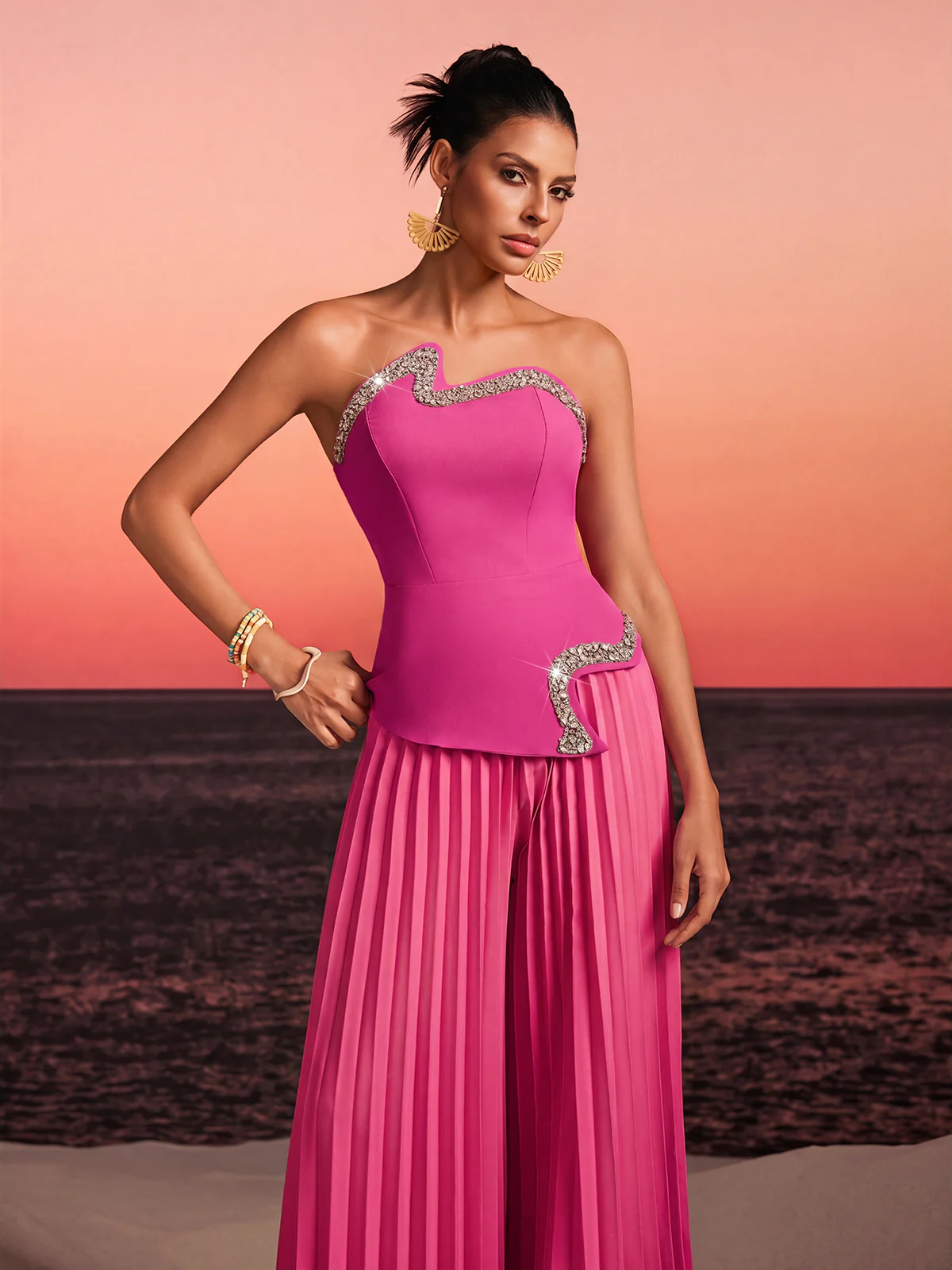 Fendro Strapless Crystal Pleated Pants Set In Hot Pink - Image 5