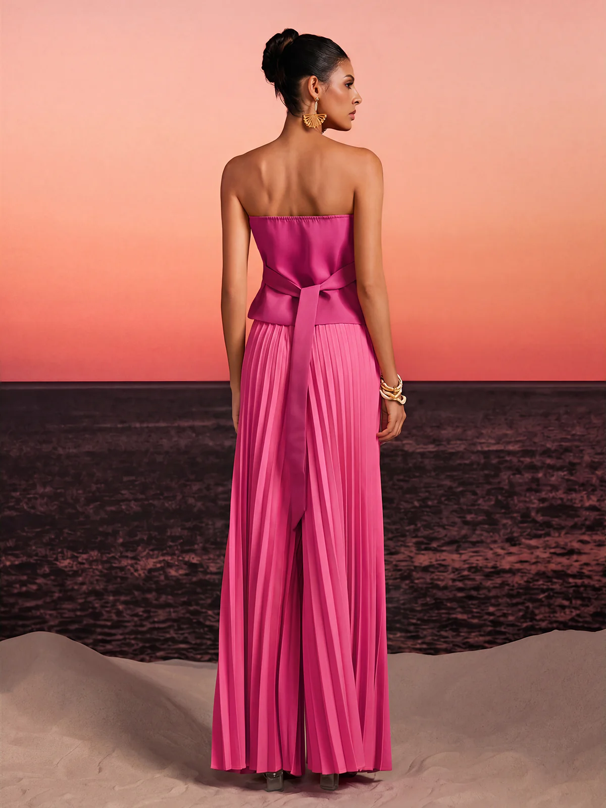 Fendro Strapless Crystal Pleated Pants Set In Hot Pink - Image 6