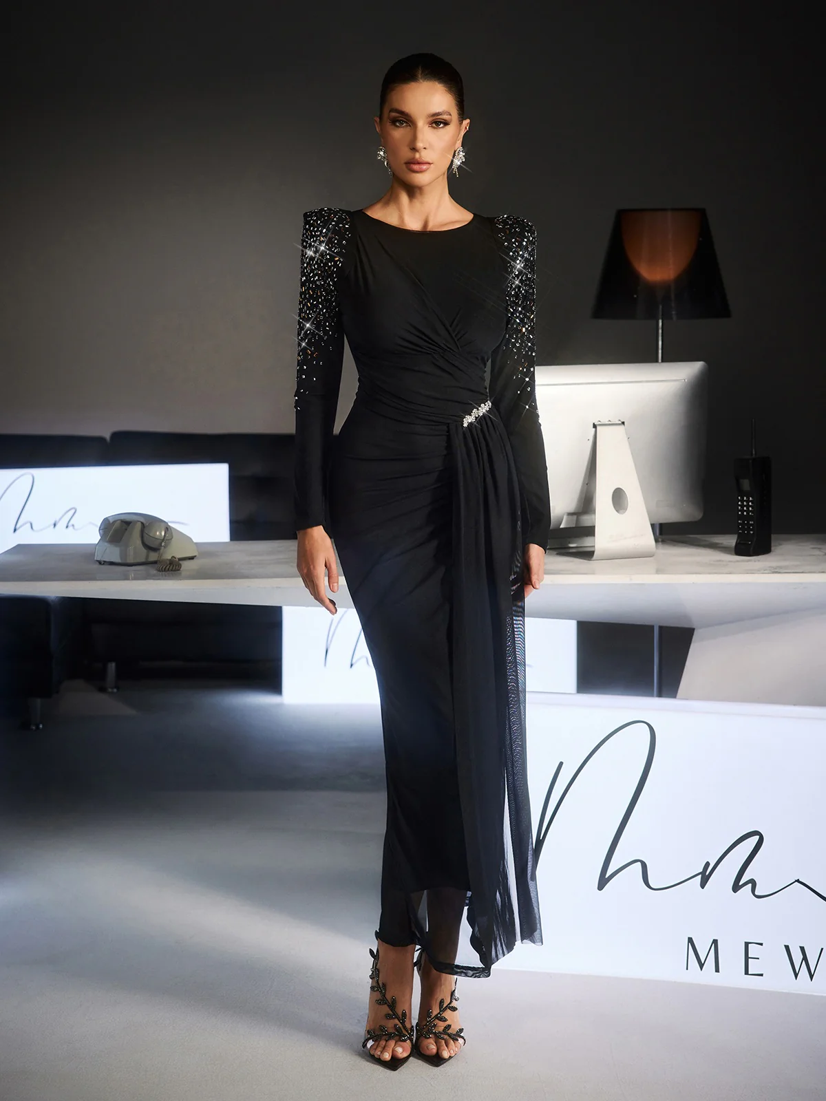 Fianna Long Slevee Ruched Rhinestone Maxi Dress