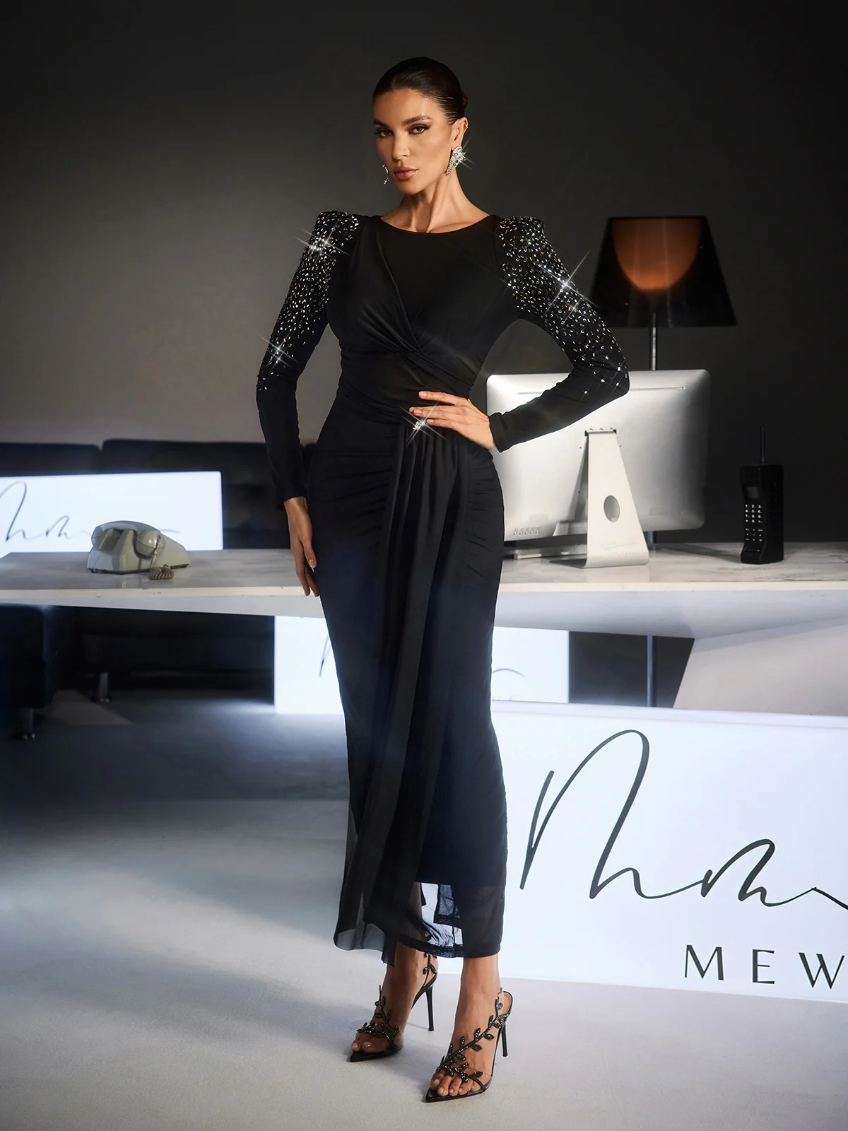 Fianna Long Slevee Ruched Rhinestone Maxi Dress - Image 3