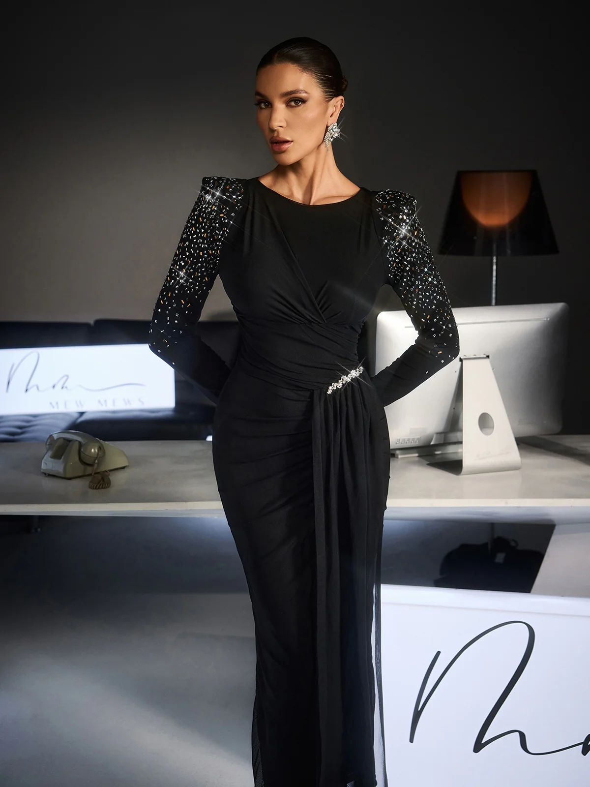 Fianna Long Slevee Ruched Rhinestone Maxi Dress - Image 5