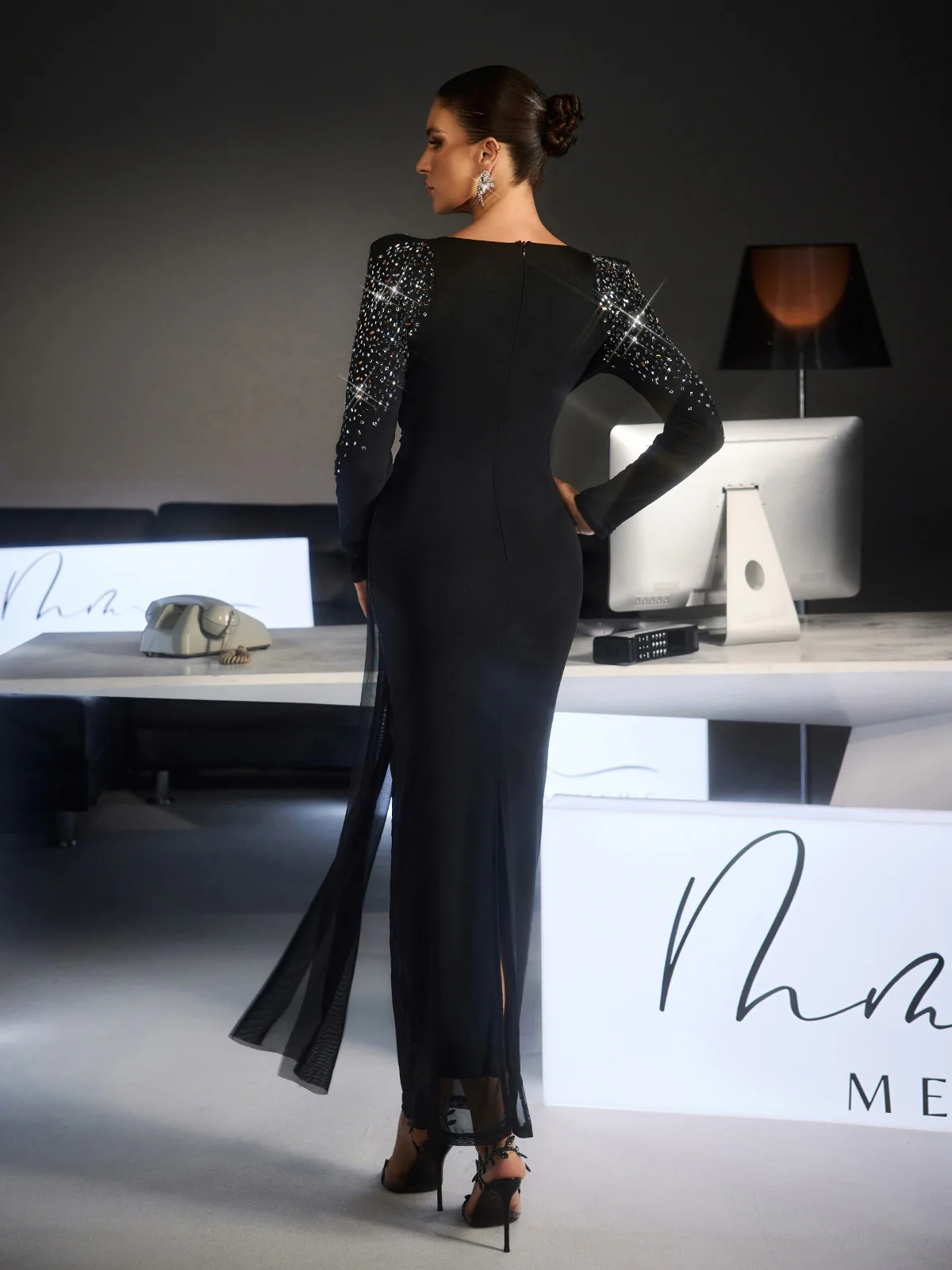 Fianna Long Slevee Ruched Rhinestone Maxi Dress - Image 6