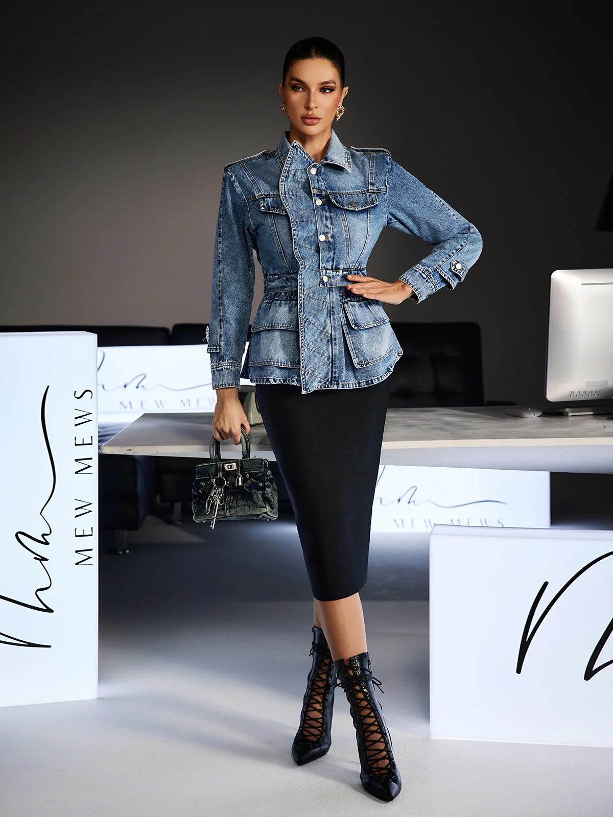 Figaro Lapel Ruffle Button Denim Coat - Image 5