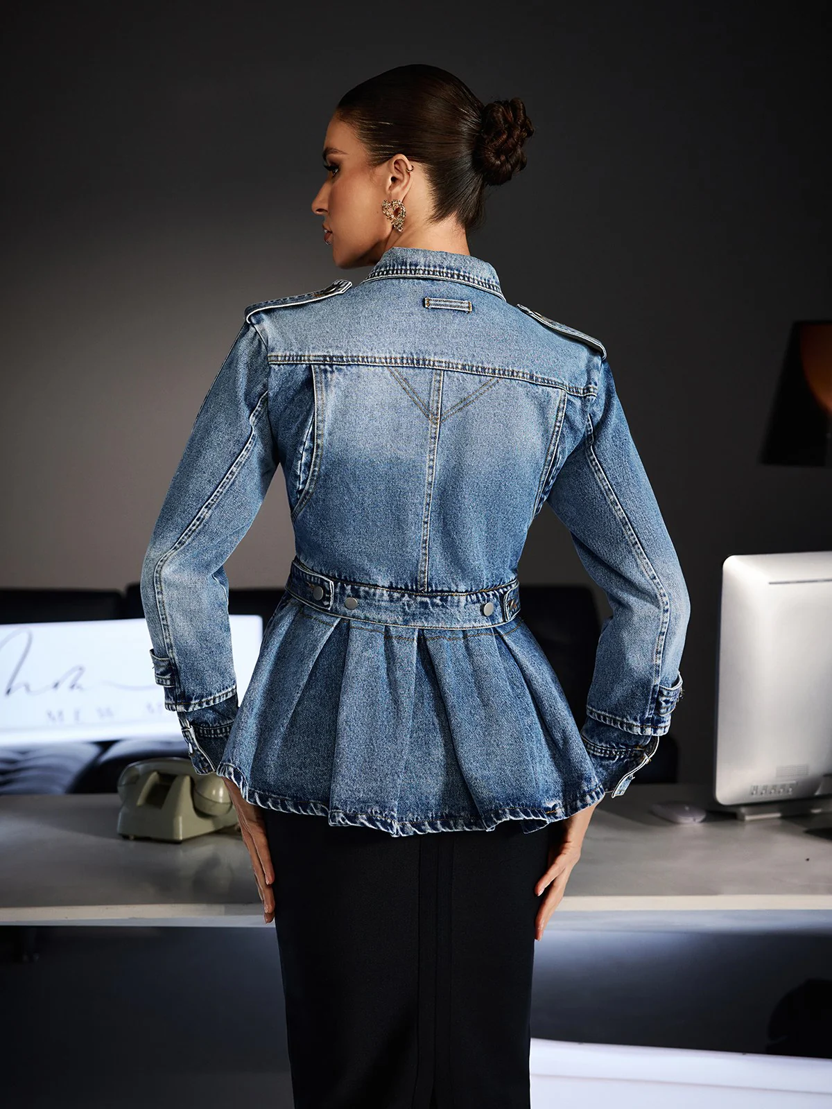 Figaro Lapel Ruffle Button Denim Coat - Image 6