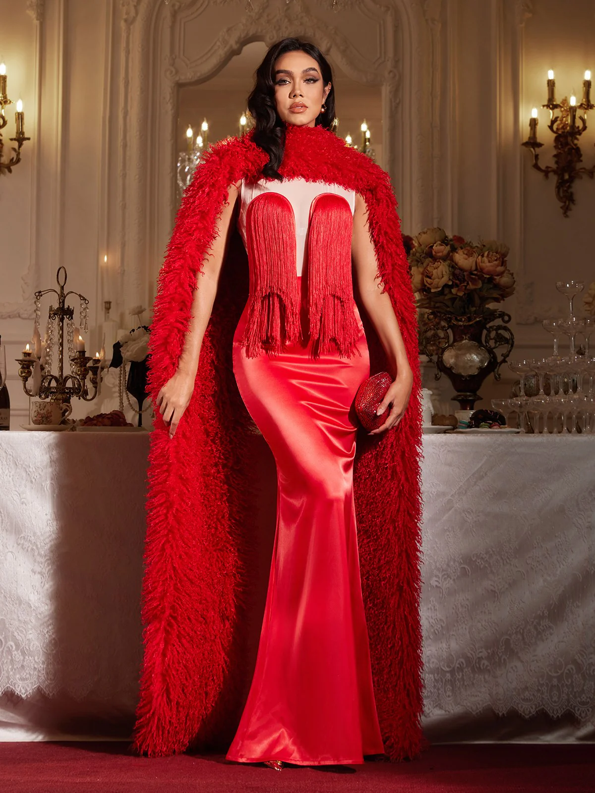 Filip Sleeveless Fringe Maxi Dress With Cape