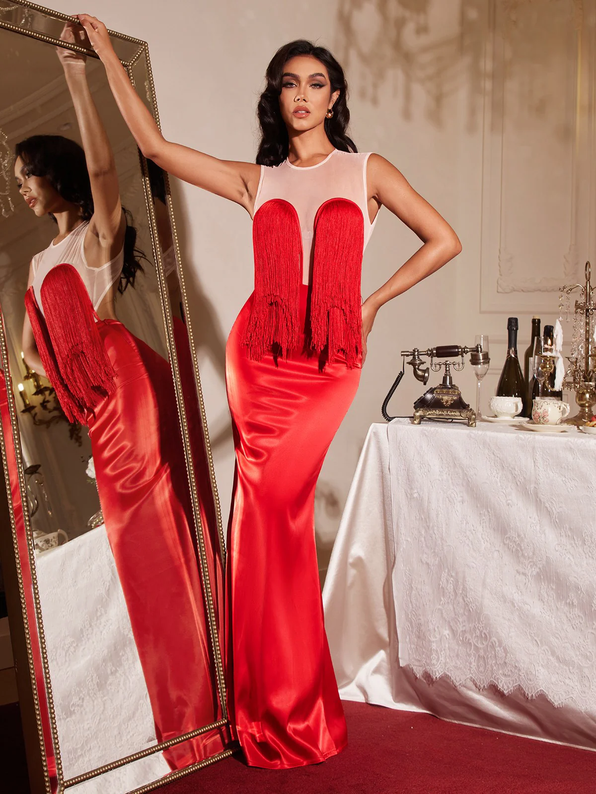 Filip Sleeveless Fringe Maxi Dress With Cape - Image 2