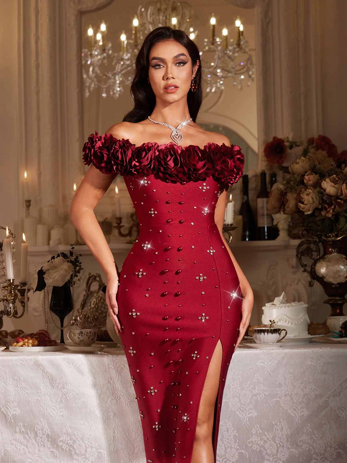 Finella Off Shoulder Flower Bandage Maxi Dress - Image 3