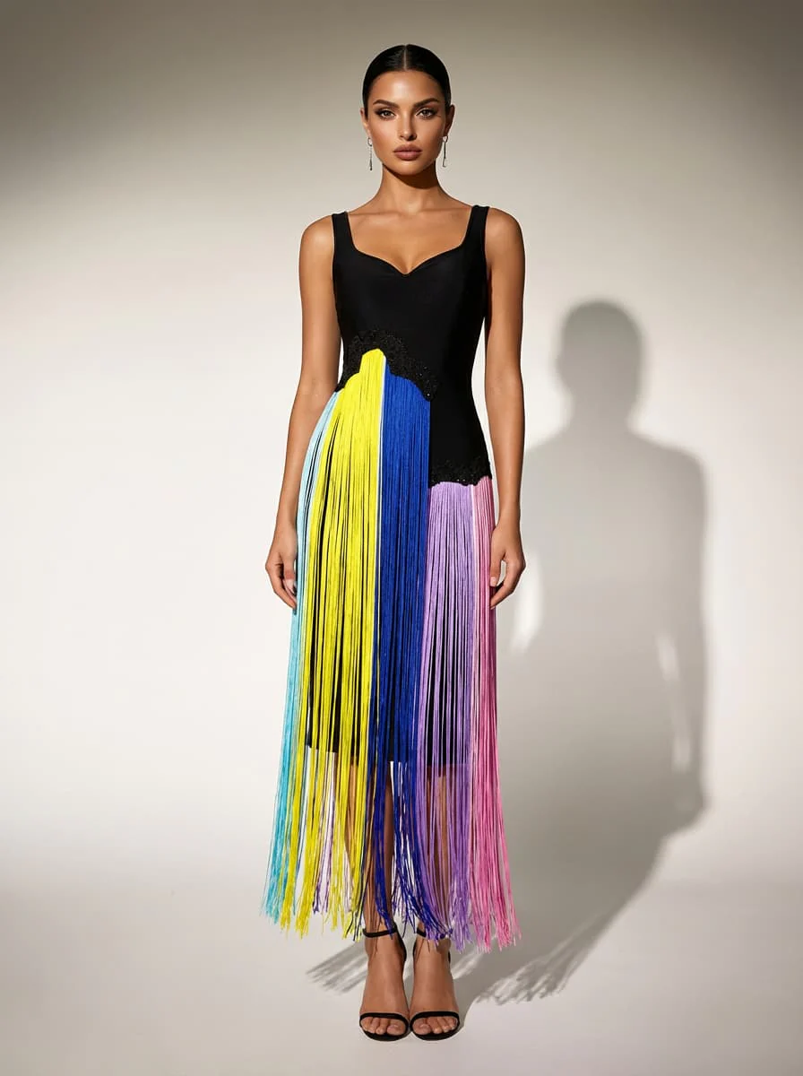 Flavianus Sleeveless Fringe Midi Dress