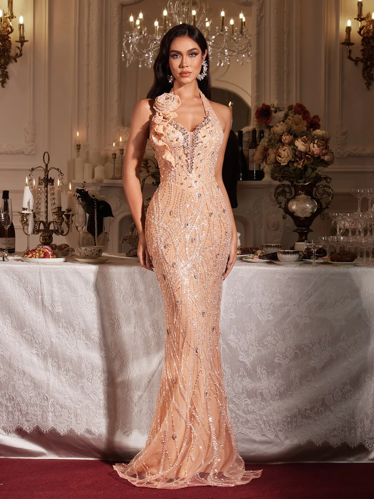 Florica Halterneck Flower Sequin Maxi Dress