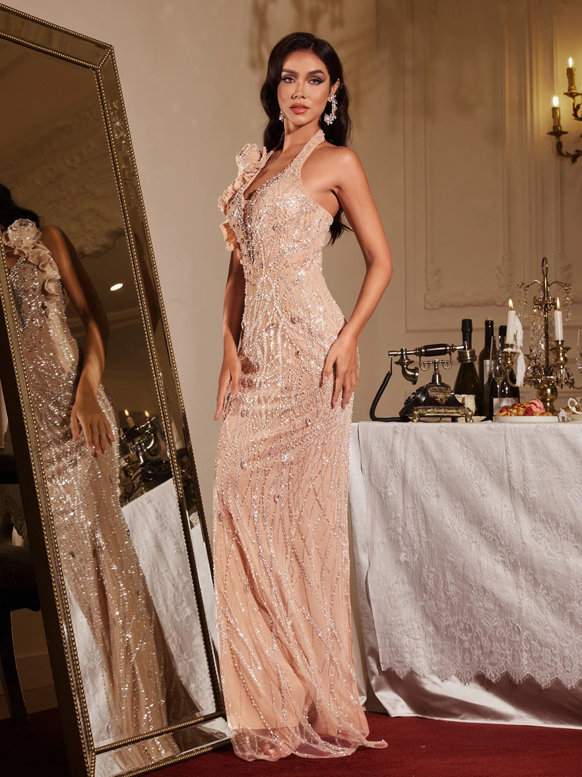 Florica Halterneck Flower Sequin Maxi Dress - Image 5