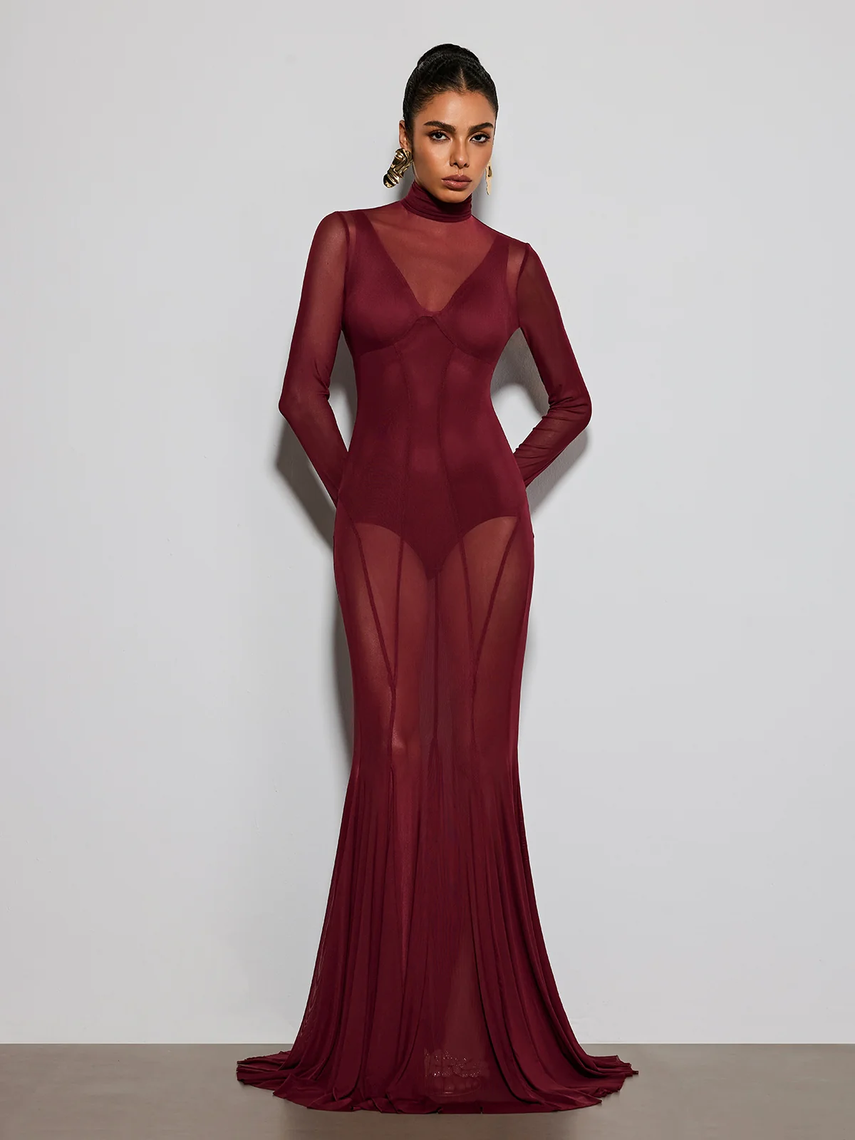 Fynorix High Neck Mesh Flared Dress Set