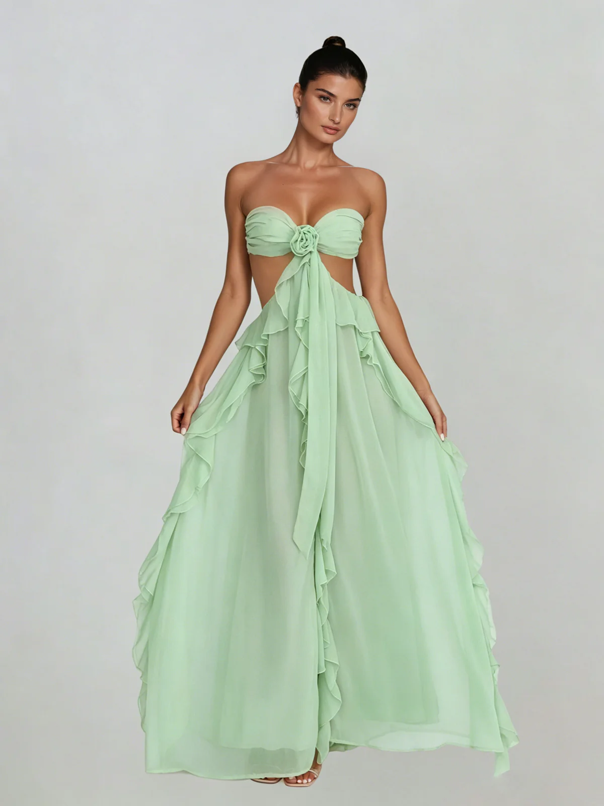 Fyntrix Strapless Ruffle Maxi Dress In Mint