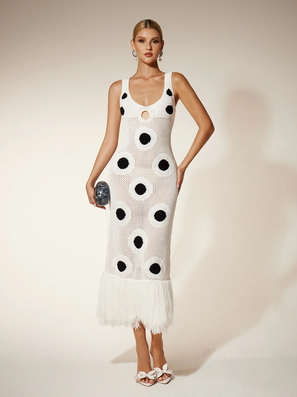 Gaelion Dot Fringe Knitted Midi Dress In White
