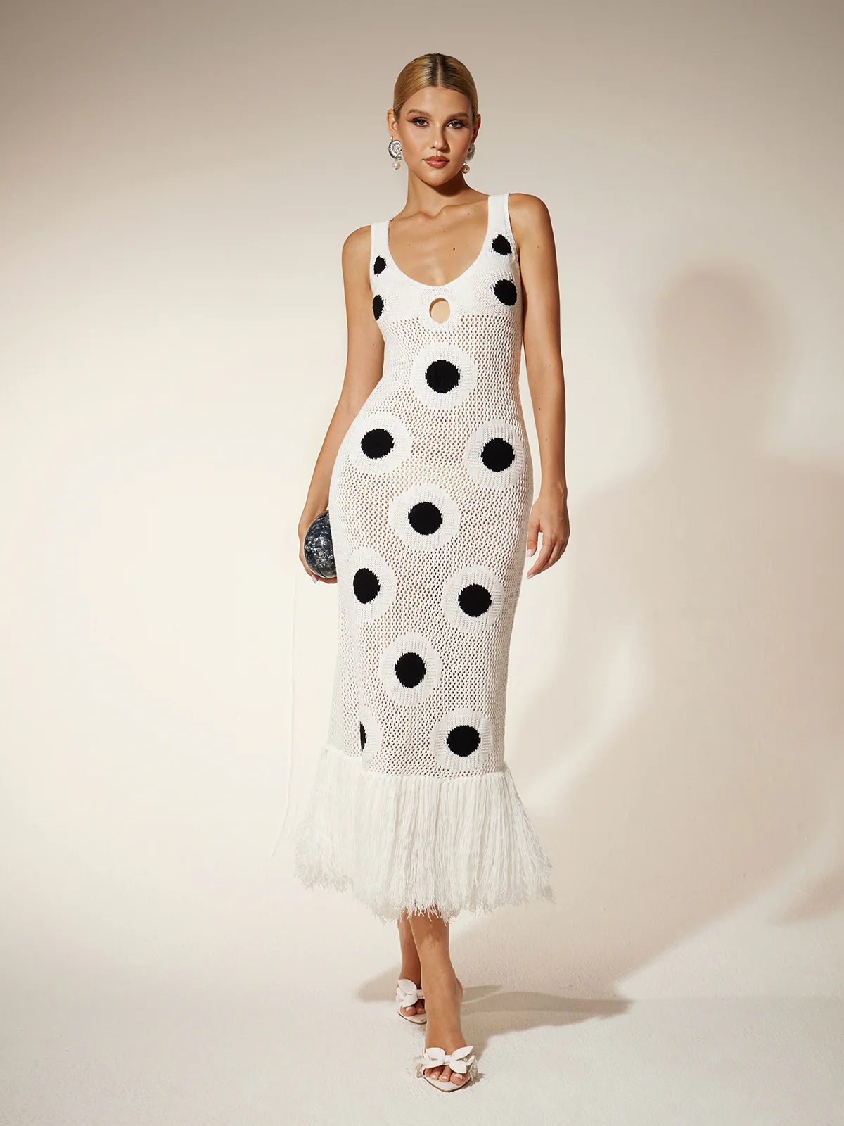 Gaelion Dot Fringe Knitted Midi Dress In White - Image 3