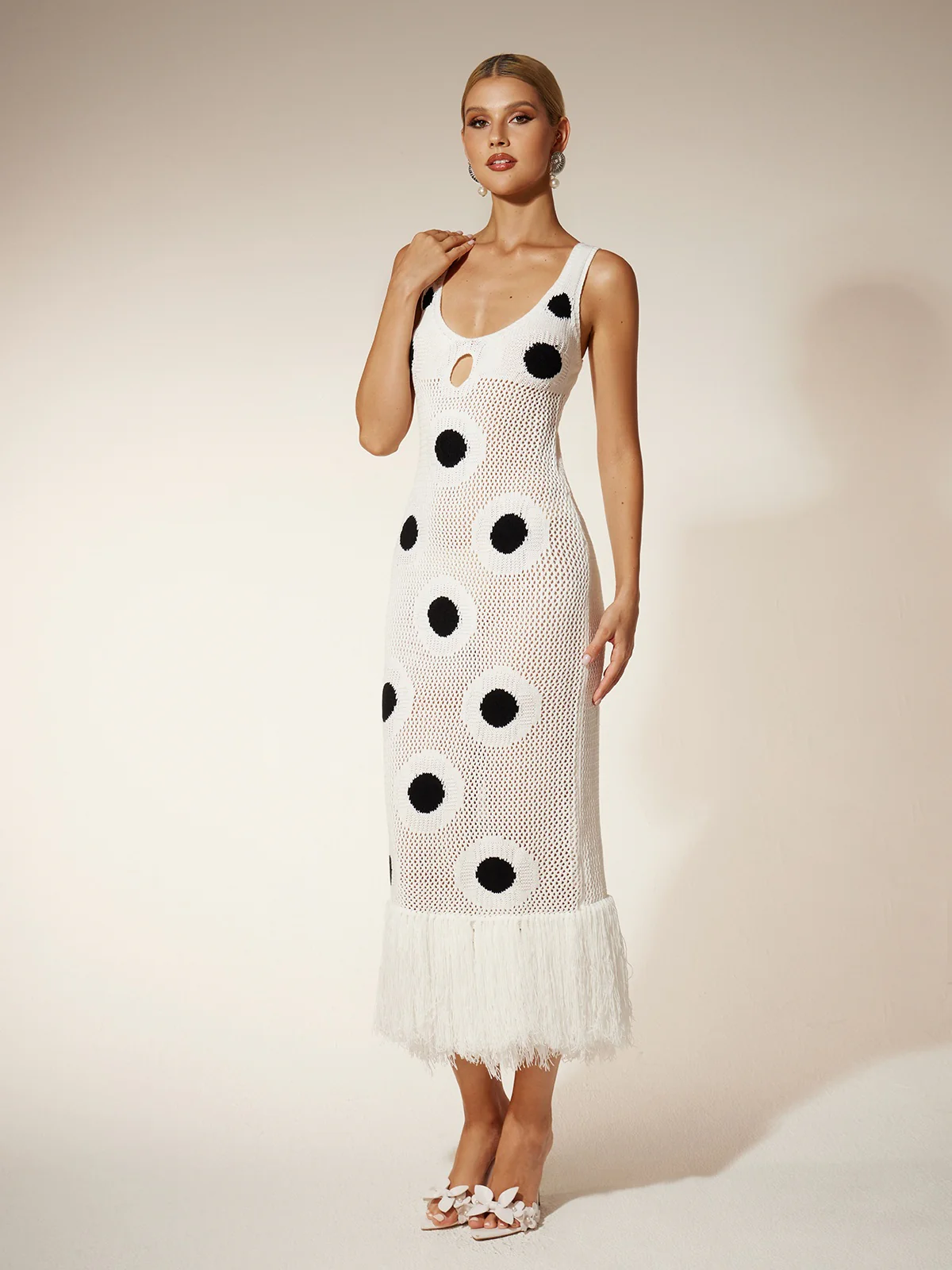 Gaelion Dot Fringe Knitted Midi Dress In White - Image 4