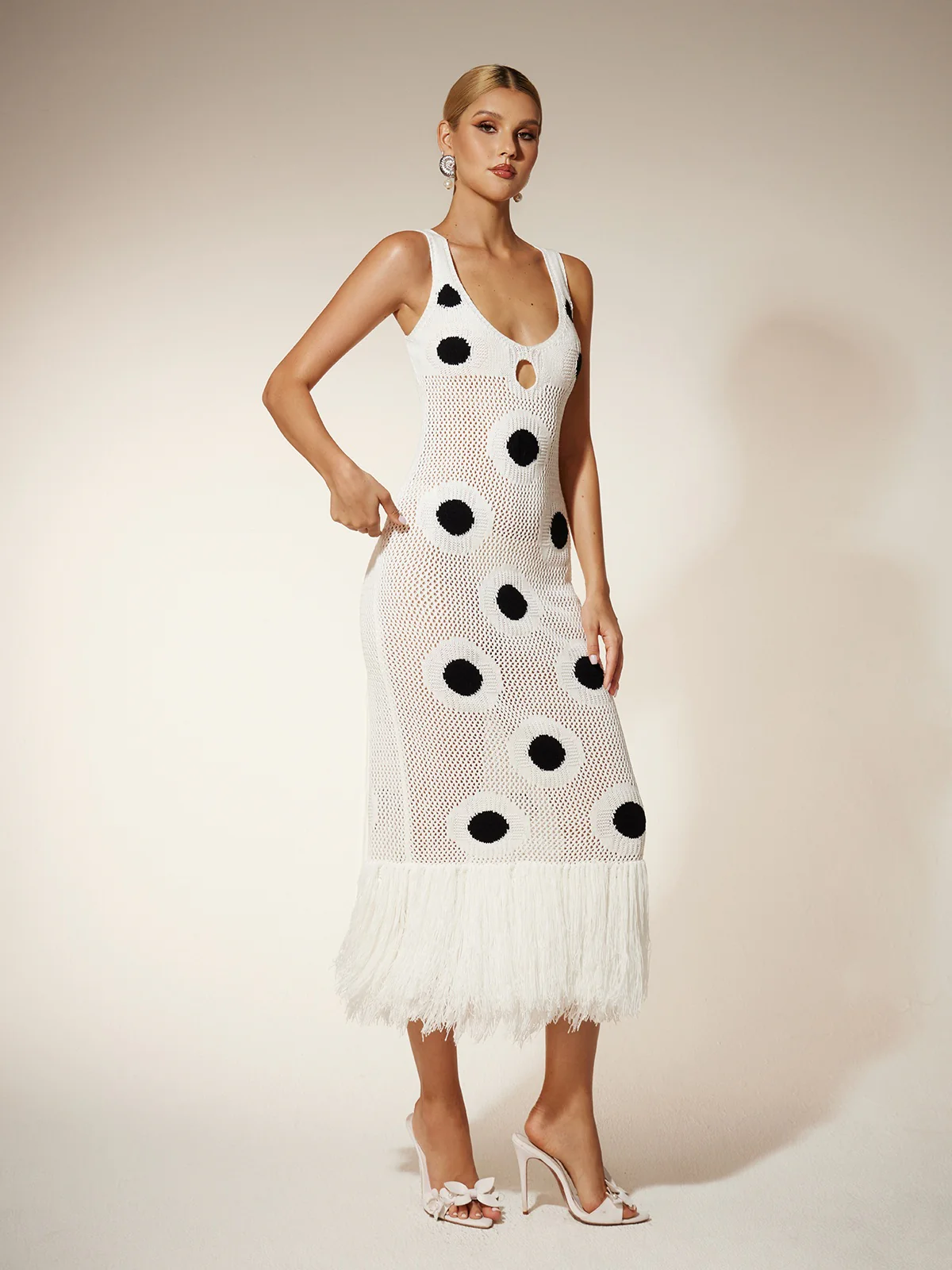 Gaelion Dot Fringe Knitted Midi Dress In White - Image 5