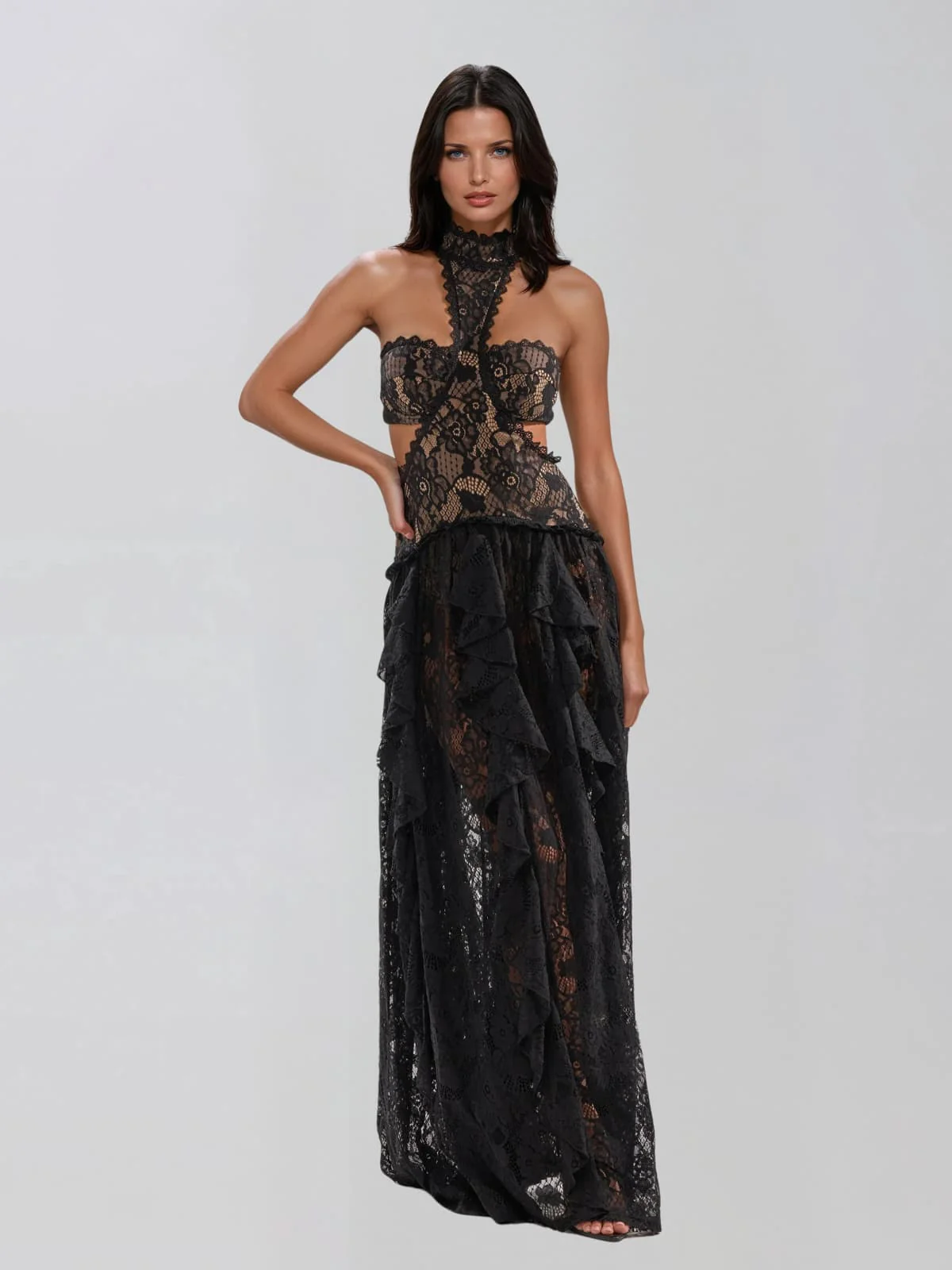 Gavelyn Halterneck Cutout Lace Maxi Dress In Black