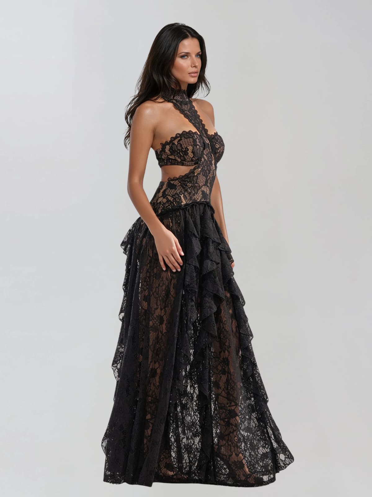 Gavelyn Halterneck Cutout Lace Maxi Dress In Black - Image 3