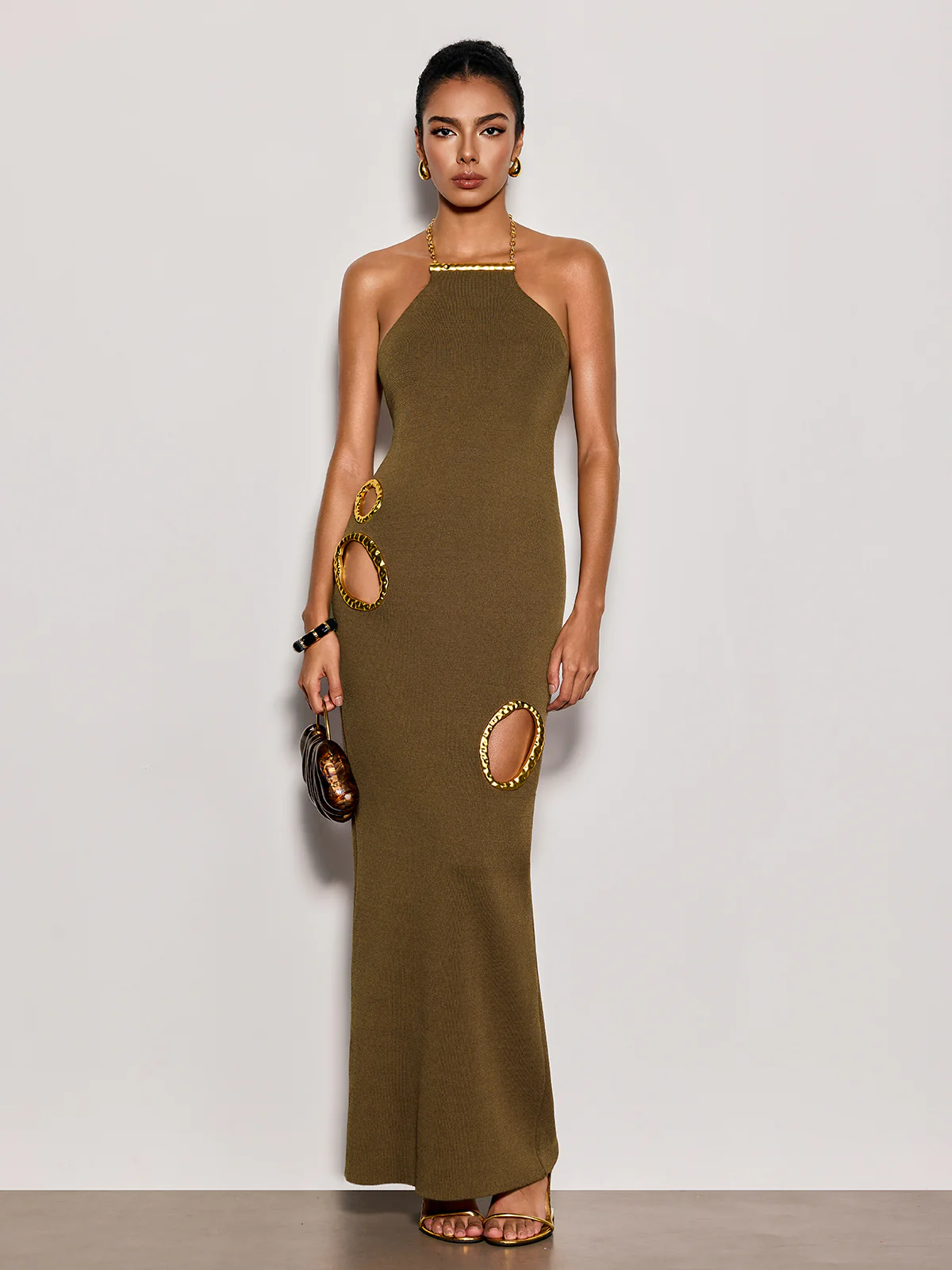 Gavrel Halterneck Cutout Maxi Dress In Brown