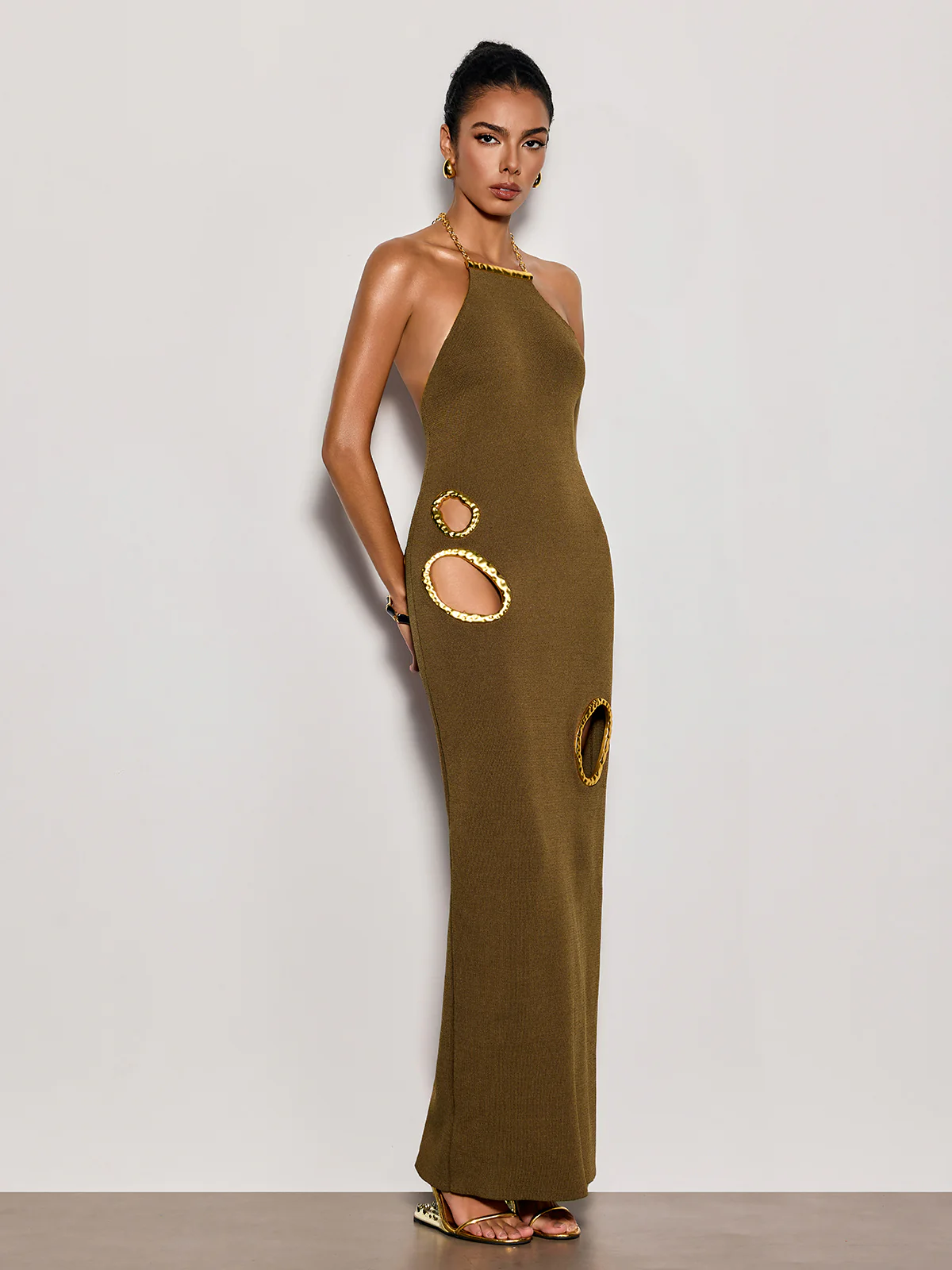 Gavrel Halterneck Cutout Maxi Dress In Brown - Image 3