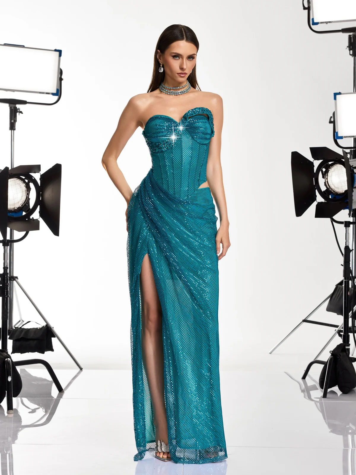 Gethan Strapless Rhinestone Mesh Maxi Dress - Image 2