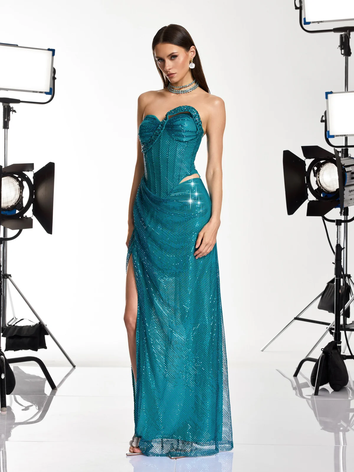 Gethan Strapless Rhinestone Mesh Maxi Dress - Image 3