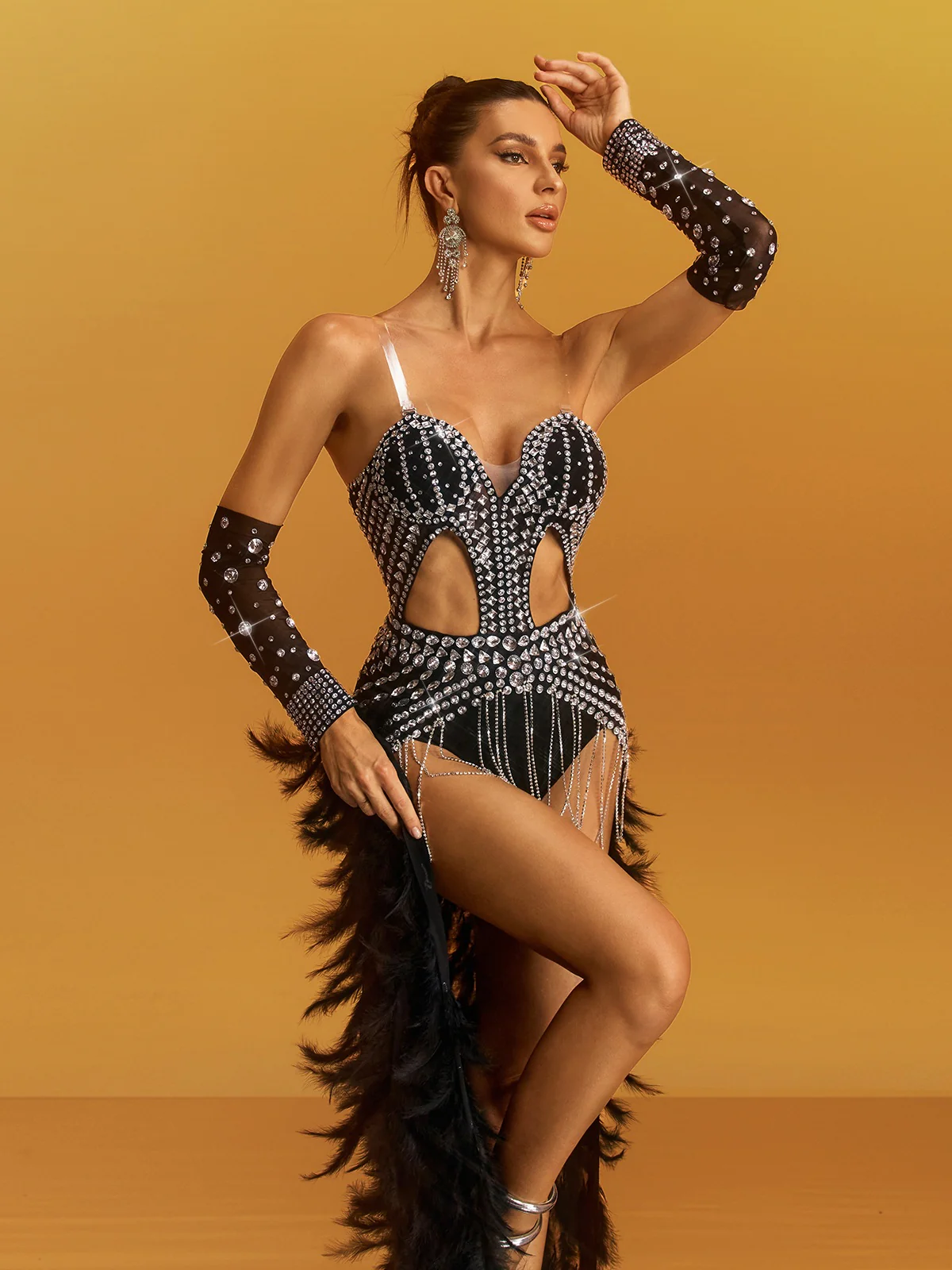 Geysera Crystal Feather Cutout Chain Bodysuit - Image 5