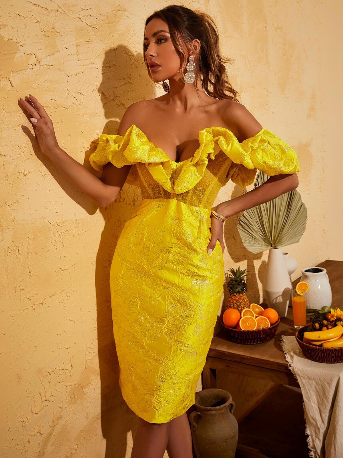 Giselle Jacquard Off Shoulder Midi Dress In Yellow - Image 3