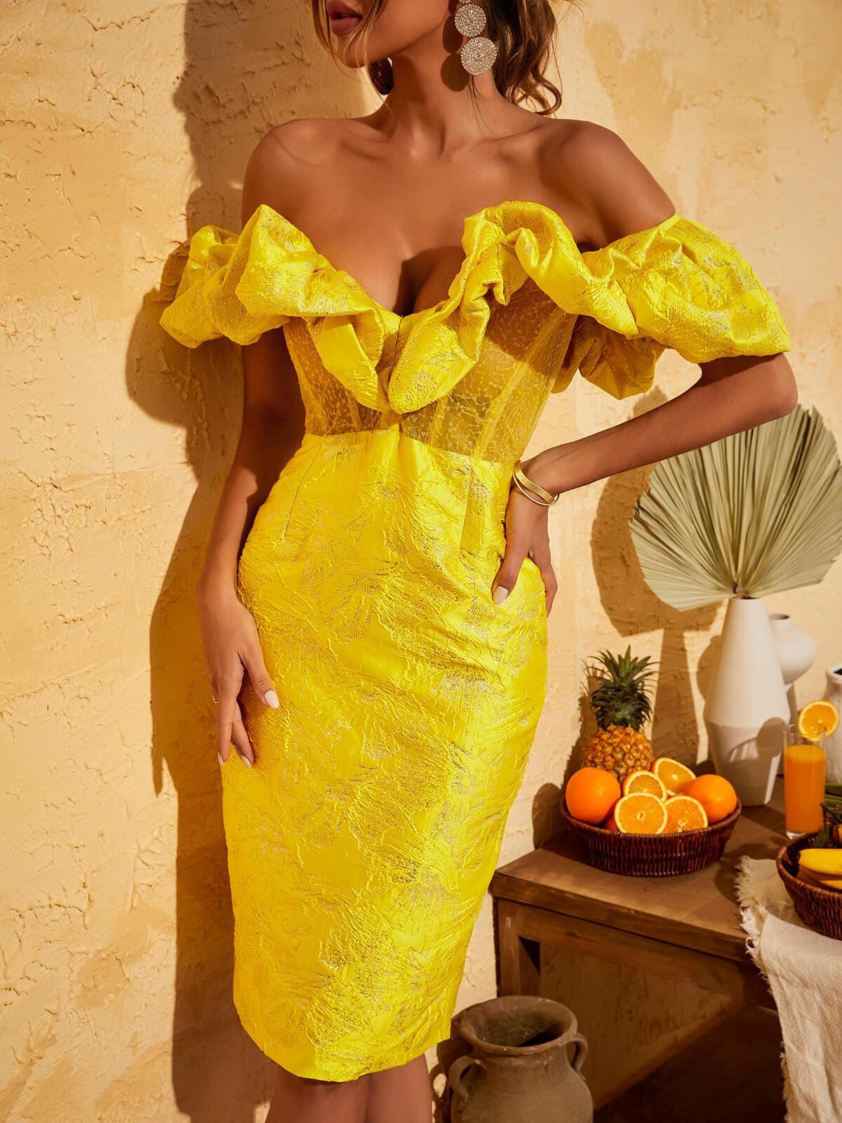 Giselle Jacquard Off Shoulder Midi Dress In Yellow - Image 7