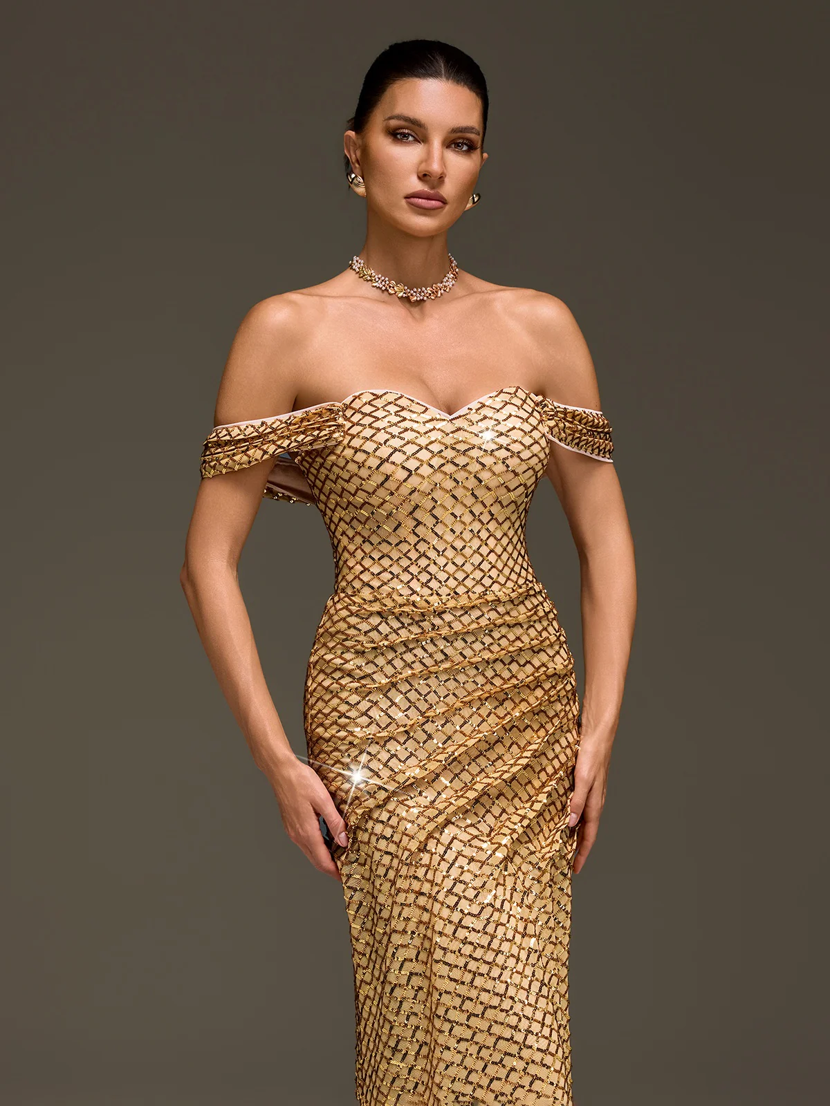 Glein Off Shoulder Sequin Split Maxi Dress - Image 5