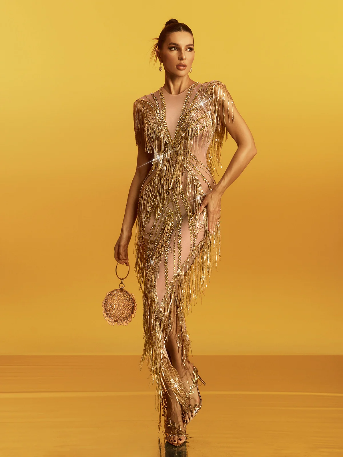 Grabrola Fringe Sequin Crystal Maxi Dress In Gold - Image 3