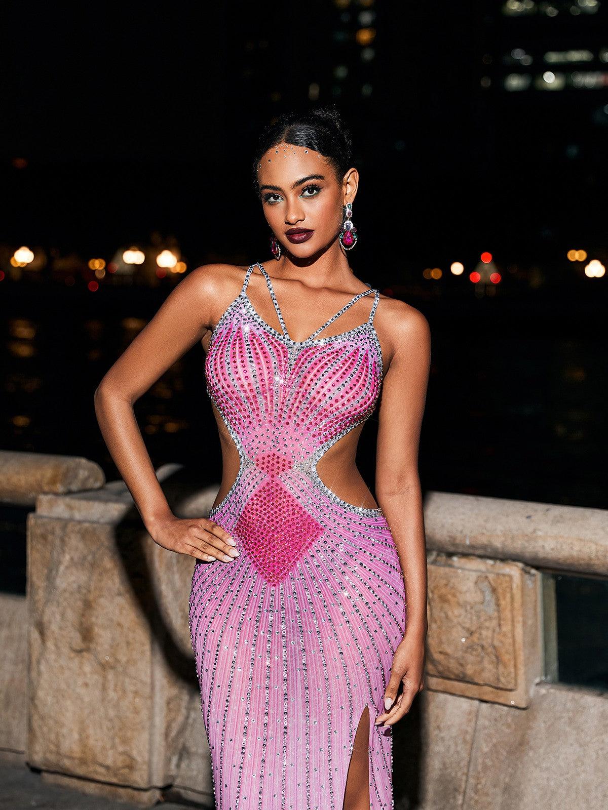 Grey Crystal Cutout Maxi Dress In Hot Pink - Image 3