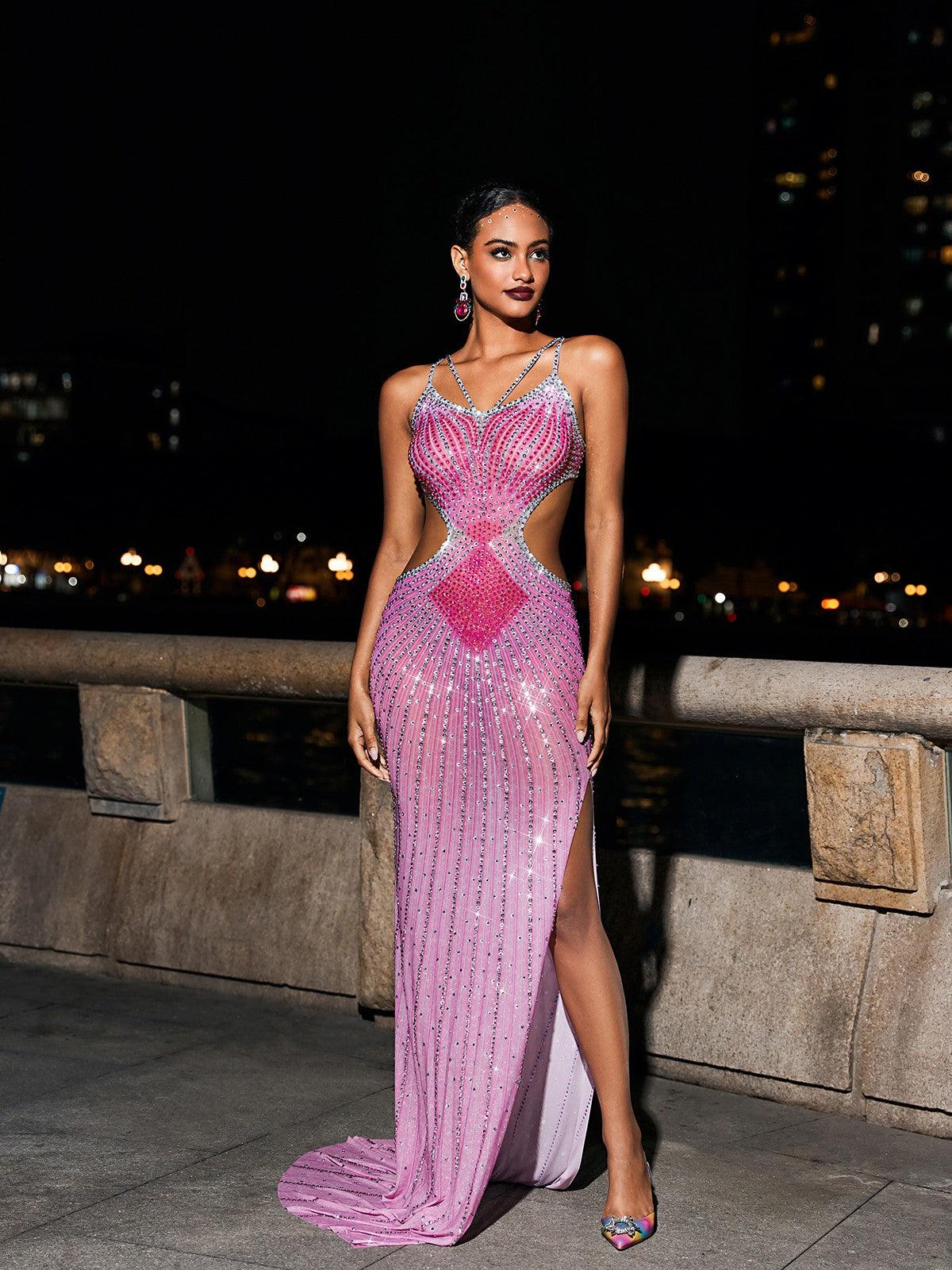 Grey Crystal Cutout Maxi Dress In Hot Pink - Image 4