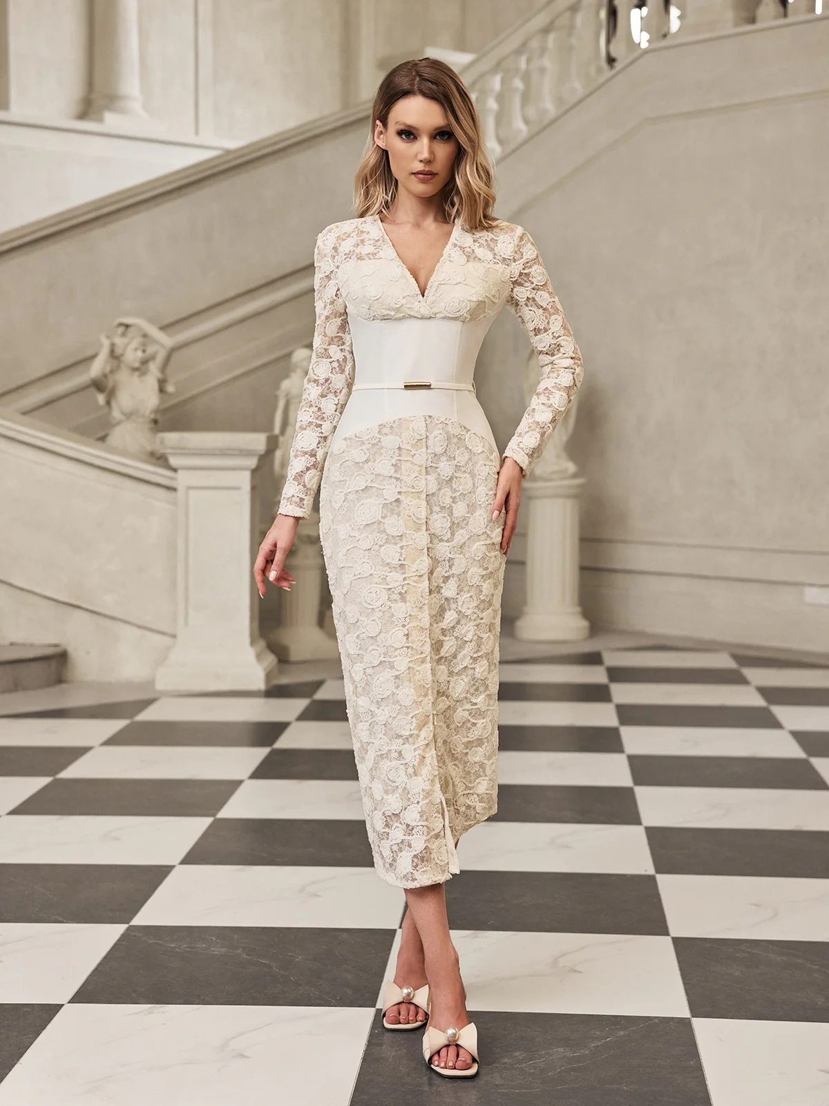 Gryia V Neck Lace Midi Dress