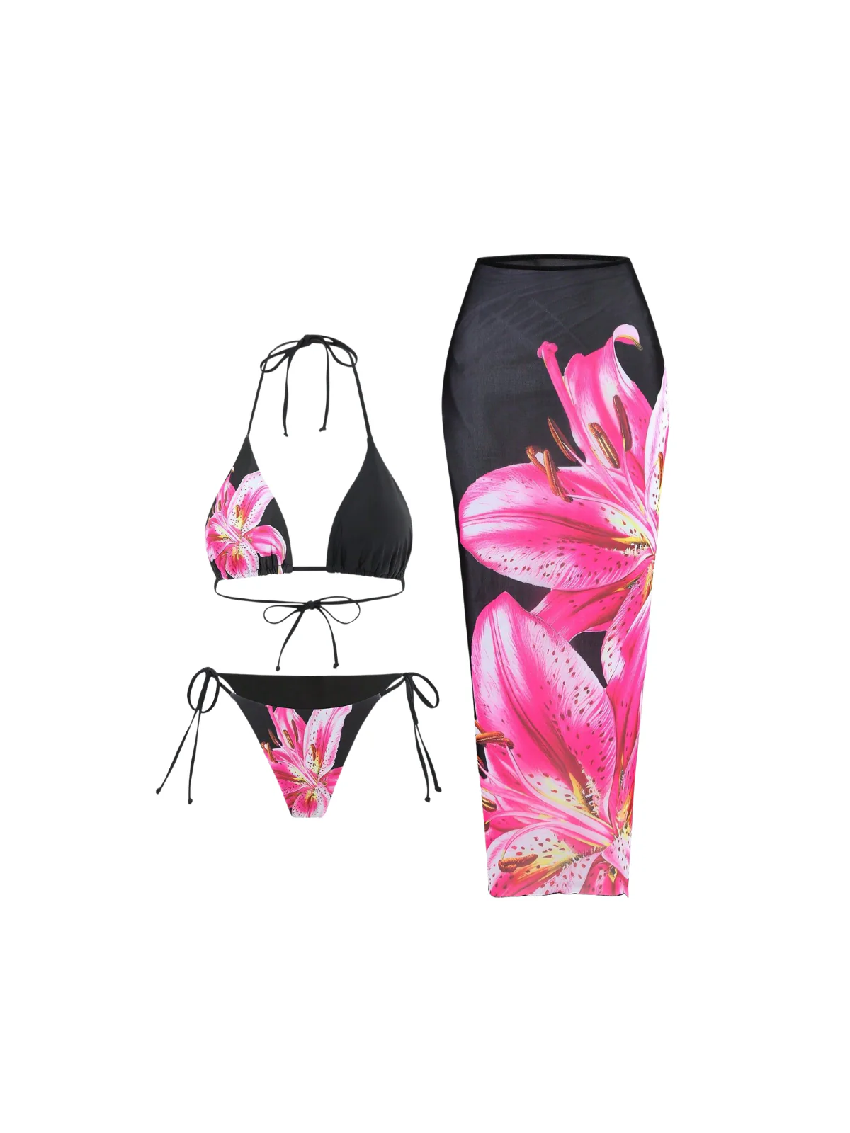 Grynn  Floral Bikini Three Piece Set In Black - Image 7