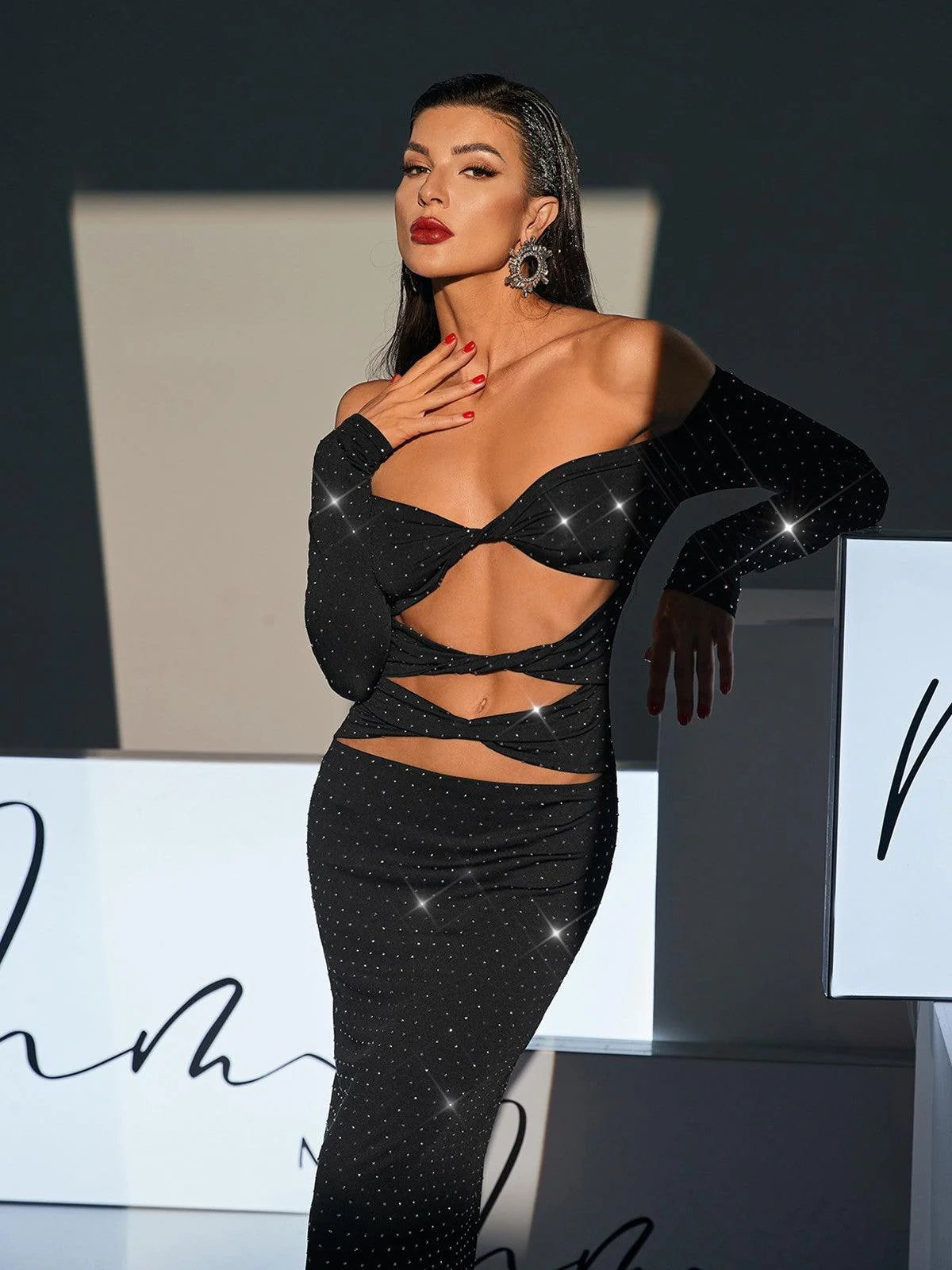 Hedwig Off Shoulder Rhinestone Cutout Maxi Dress - Image 3
