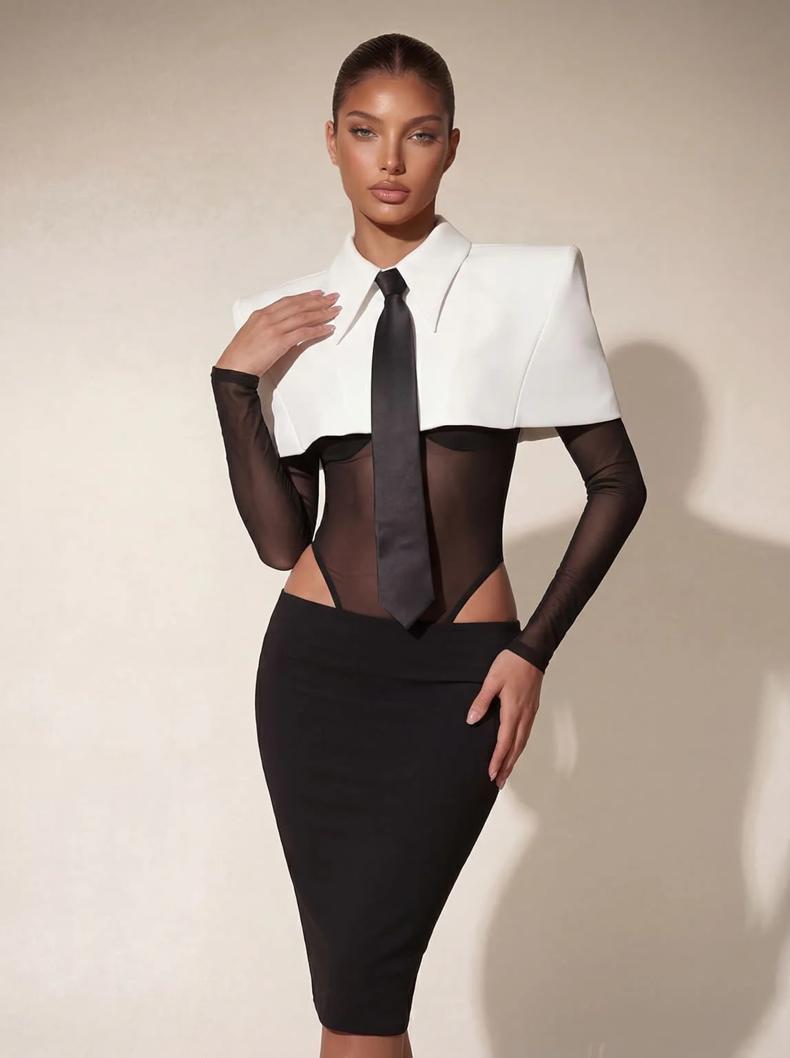 Heyren Folded Collar Tie Mesh Bodysuit - Image 2