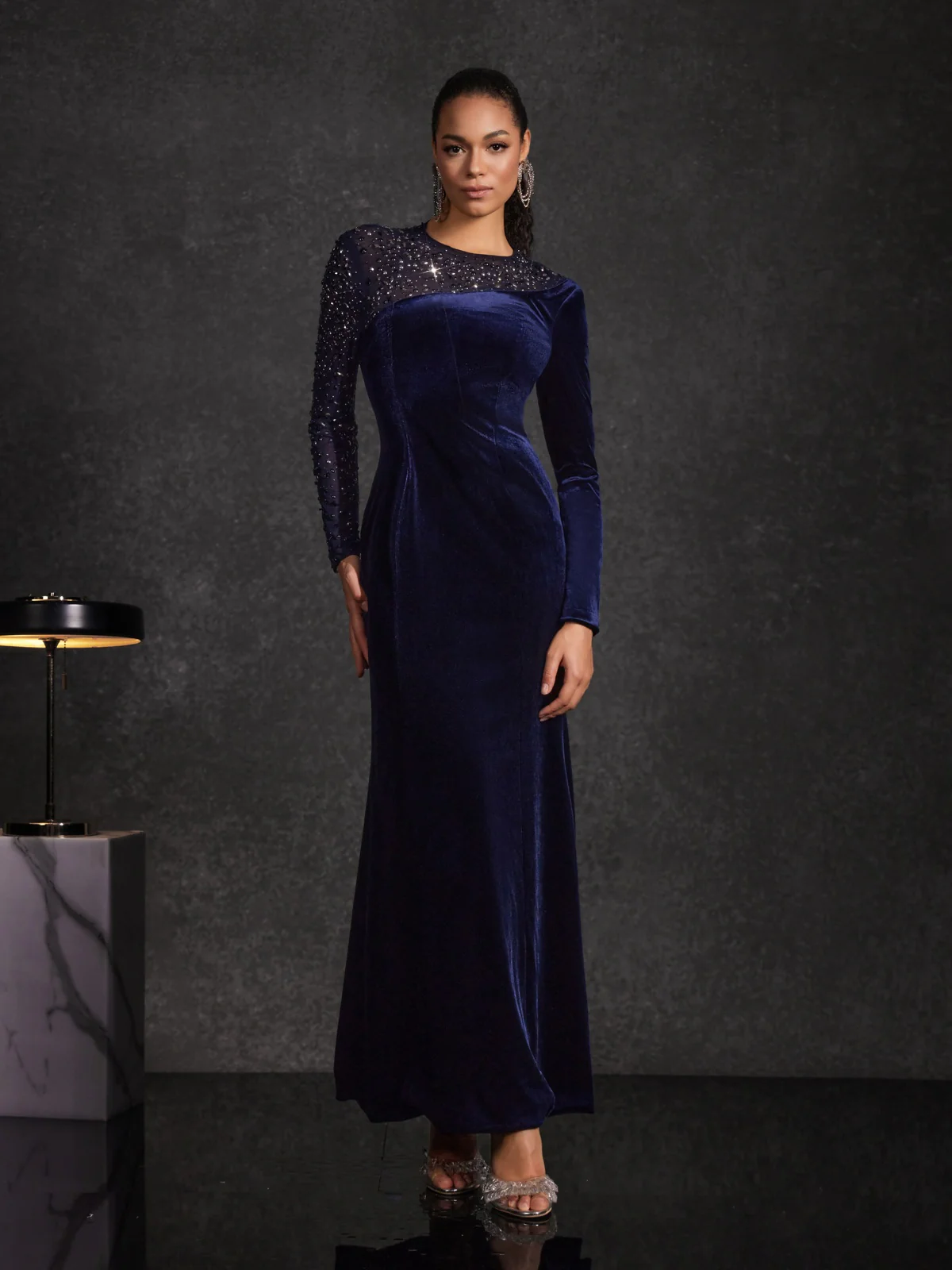 Hyalina Velvet Mesh Diamond Maxi Dress