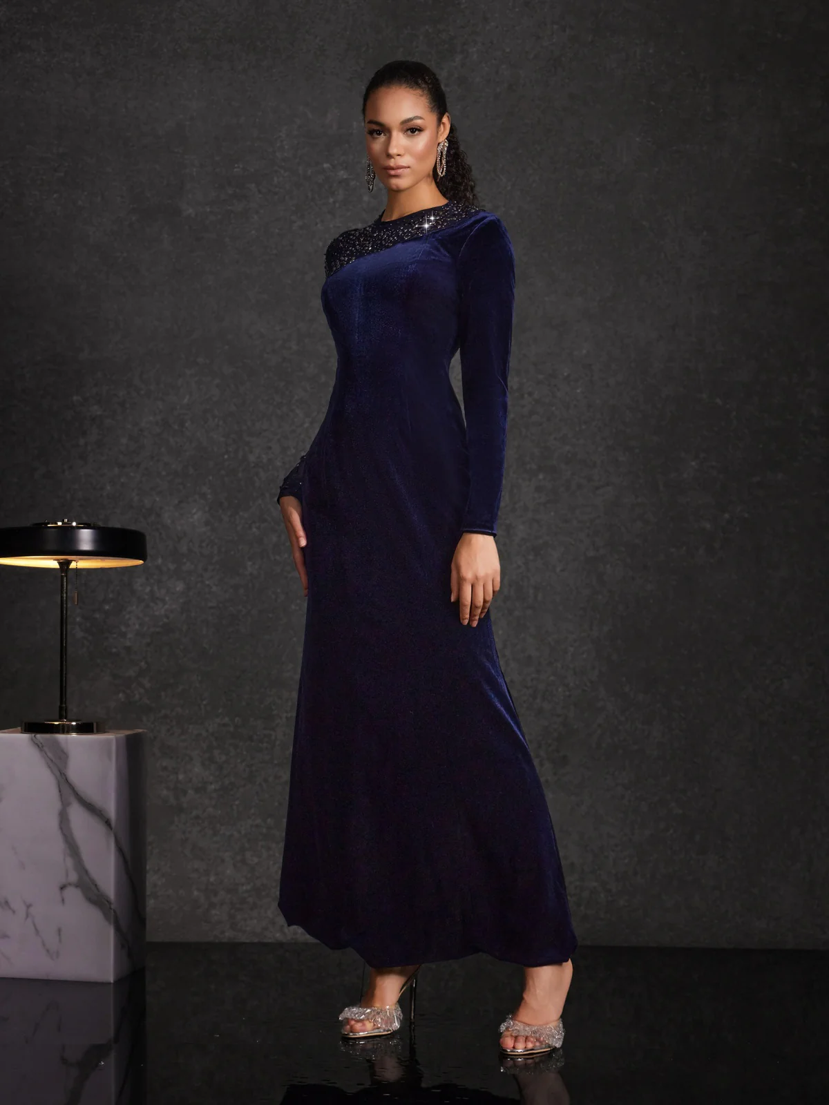 Hyalina Velvet Mesh Diamond Maxi Dress - Image 3