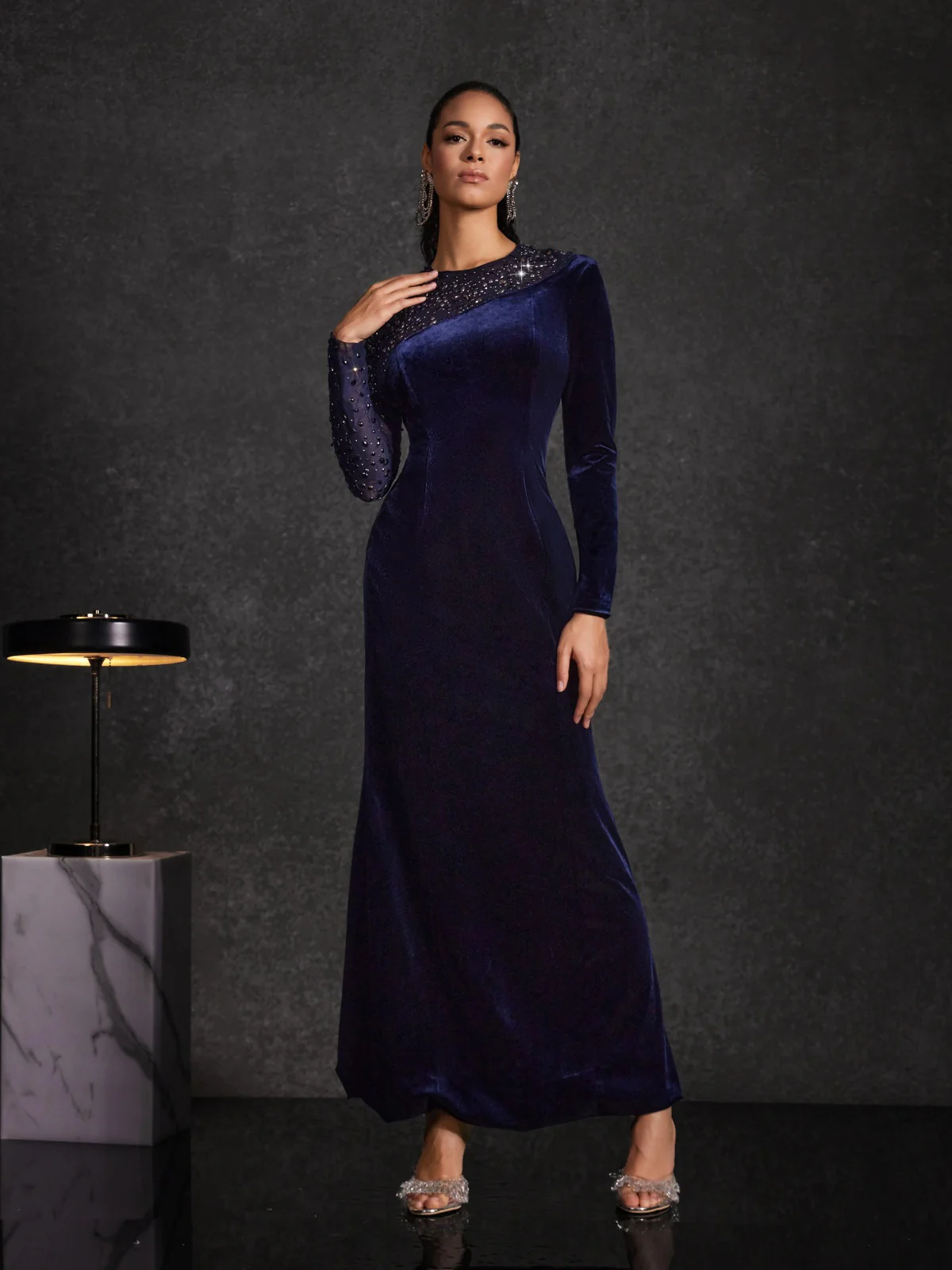 Hyalina Velvet Mesh Diamond Maxi Dress - Image 5