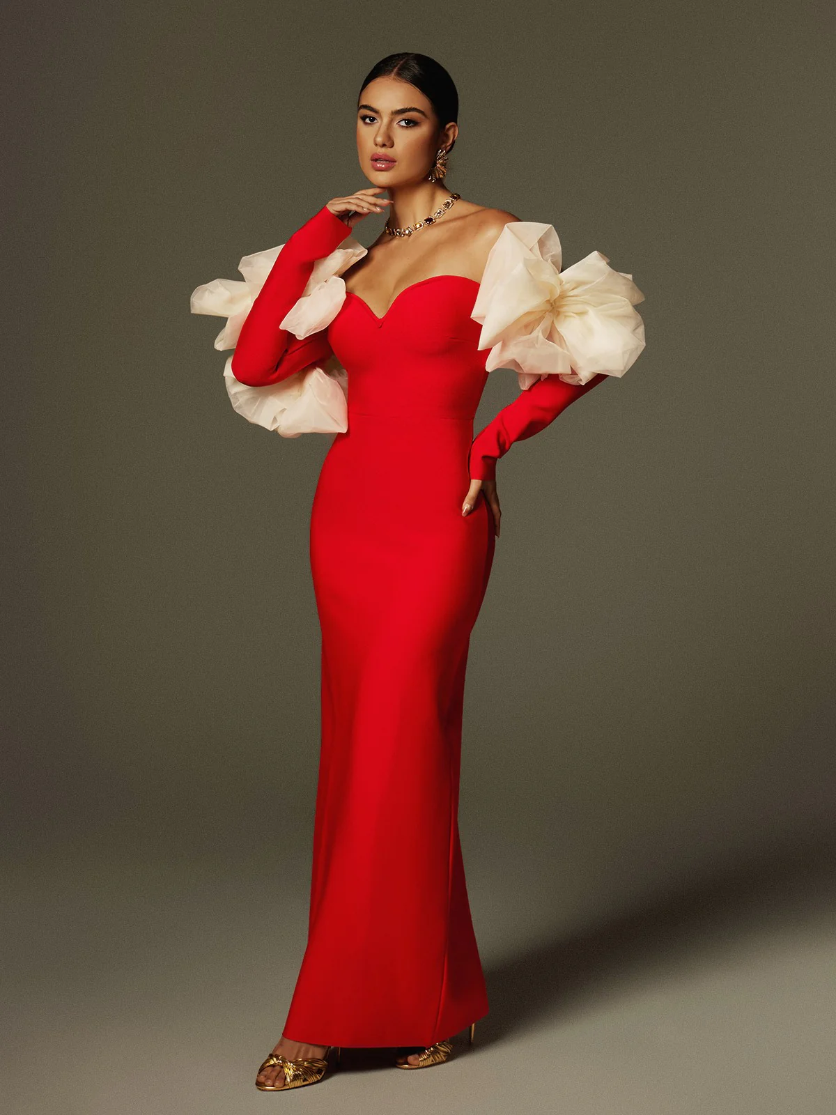 Ifra Off Shoulder Flower Bandage Maxi Dress In Red - Image 4