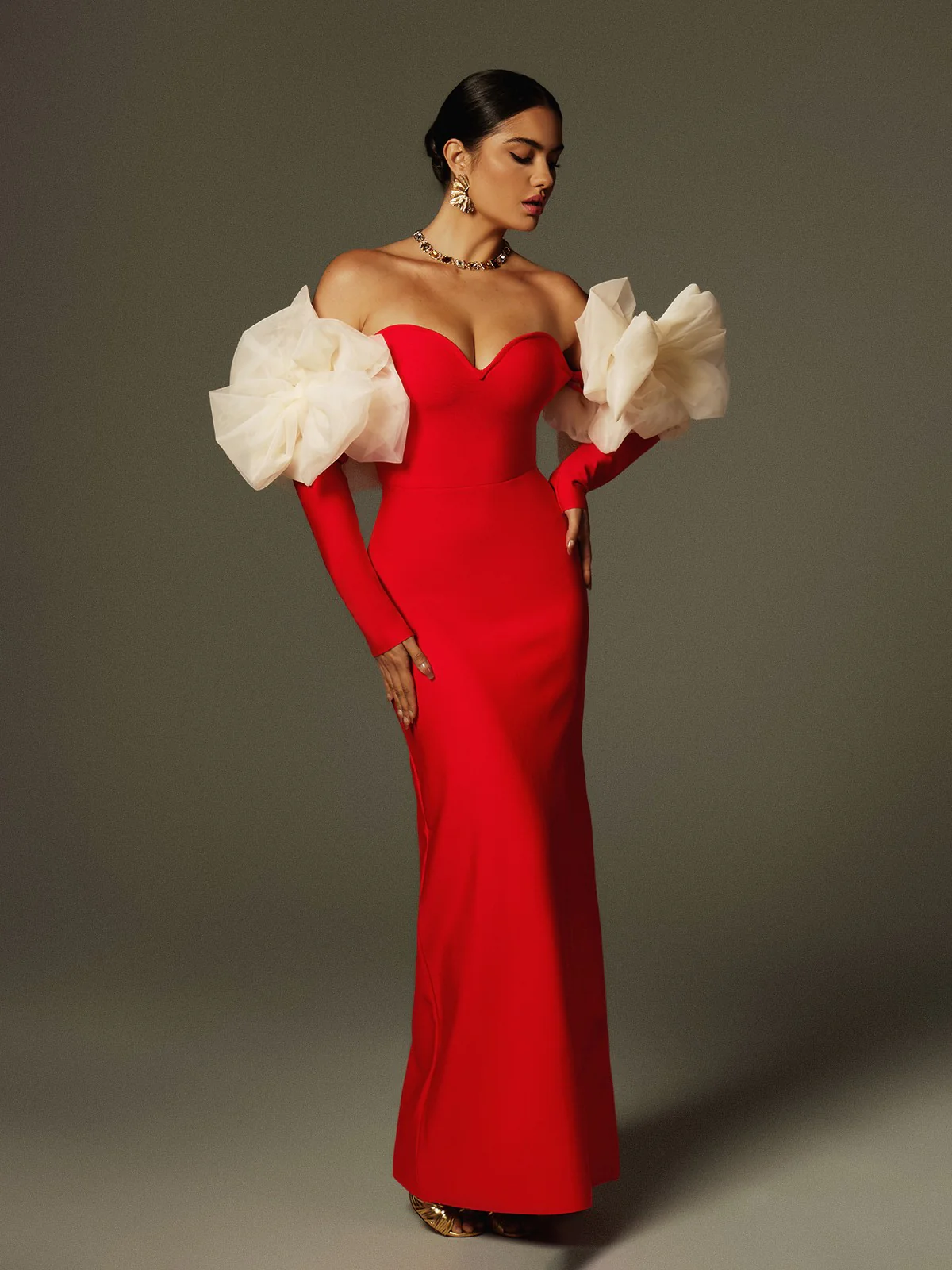 Ifra Off Shoulder Flower Bandage Maxi Dress In Red - Image 5