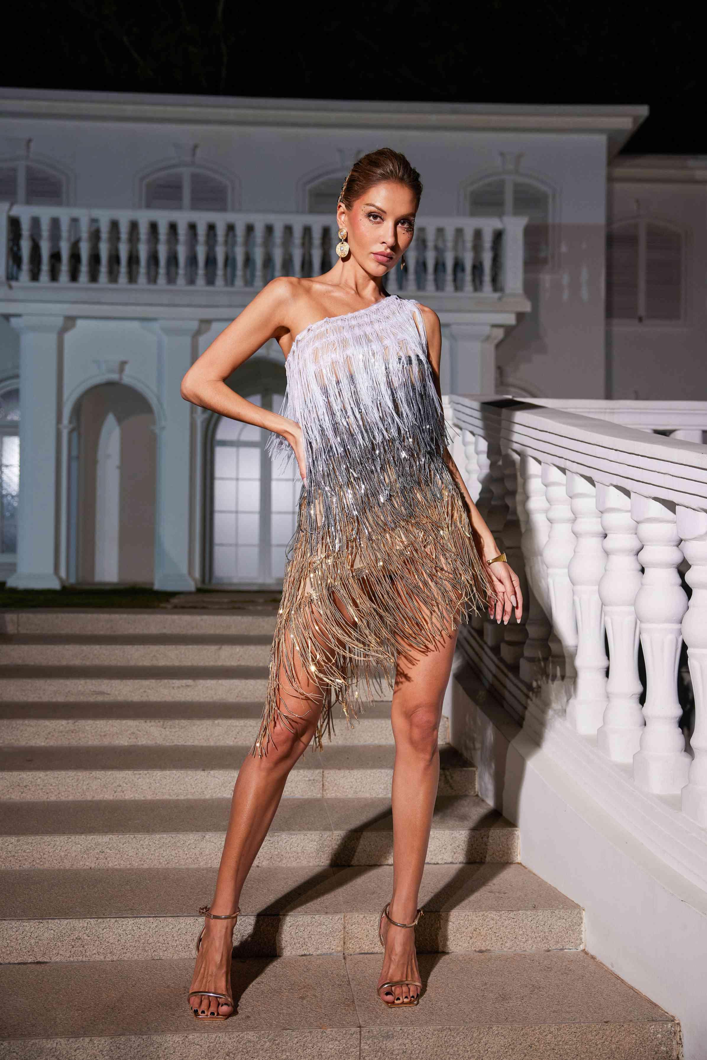 Imre One Shoulder Fringe Sequin Dress - Image 3