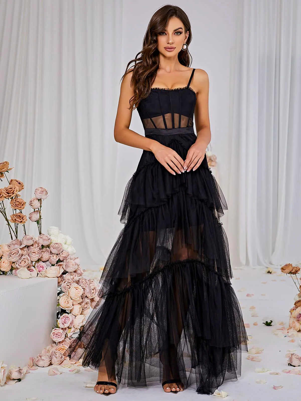 Inaya Mesh Maxi Dress In Black - Image 3