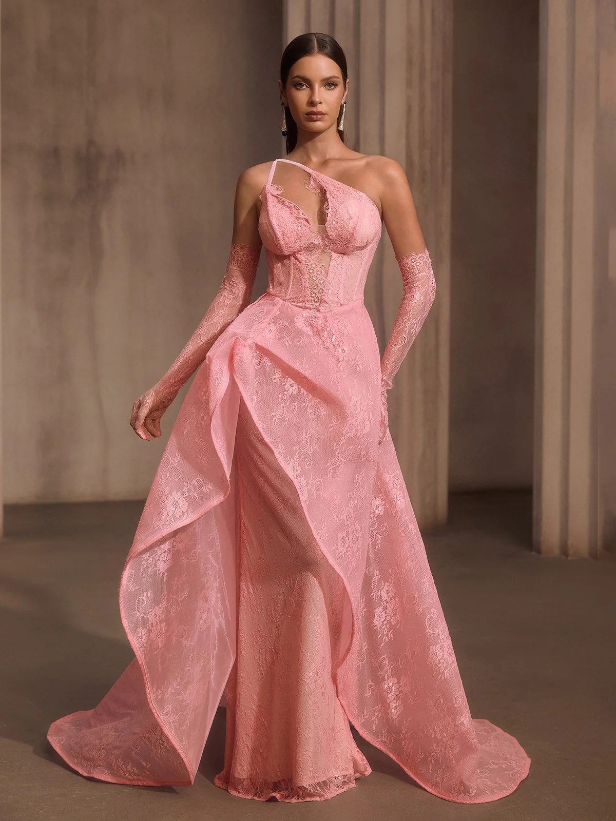 Ioryxel Lace Corset Flared Maxi Dress With Gloves