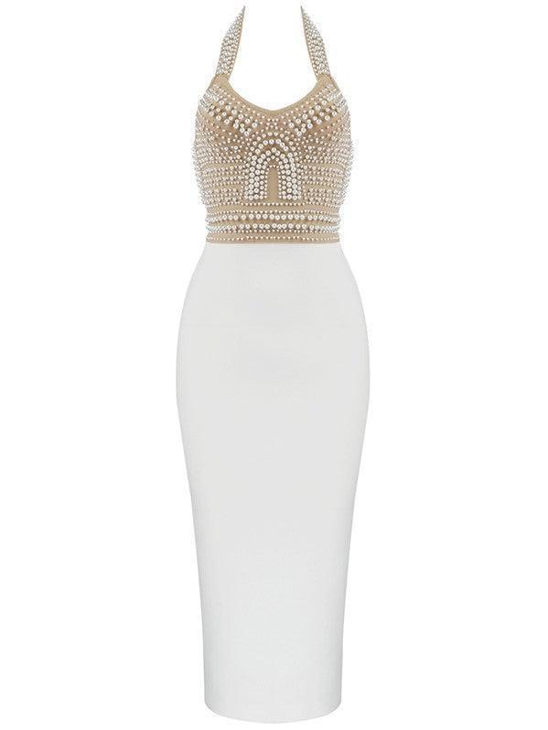 Isabella Halterneck Pearls Bandage Dress In Beige - Image 7